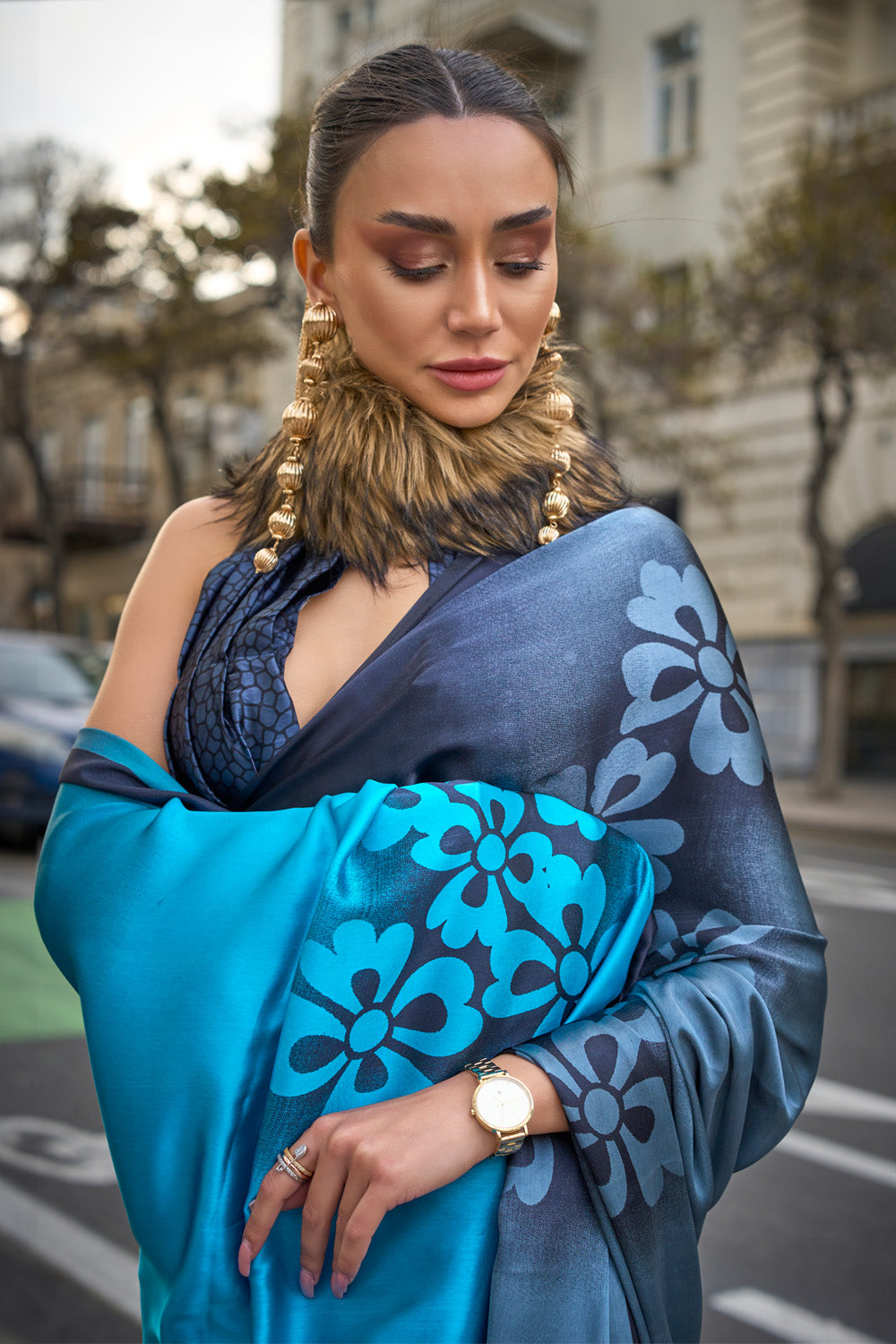 Black & Blue Satin Silk Saree