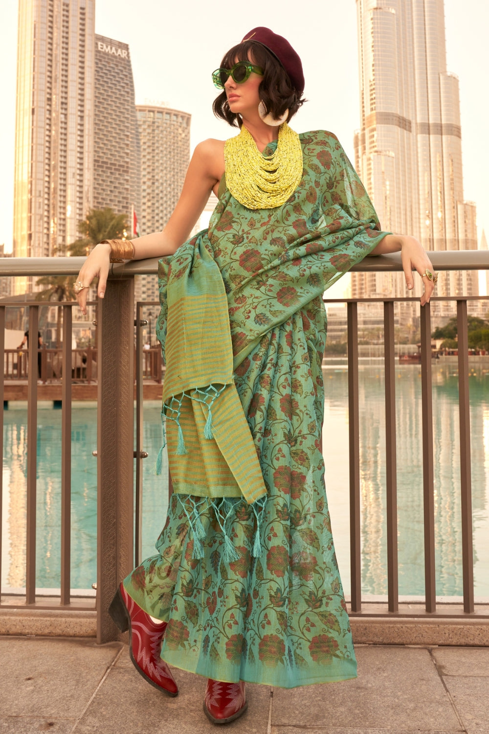 Dark Green Printed Tissue Saree