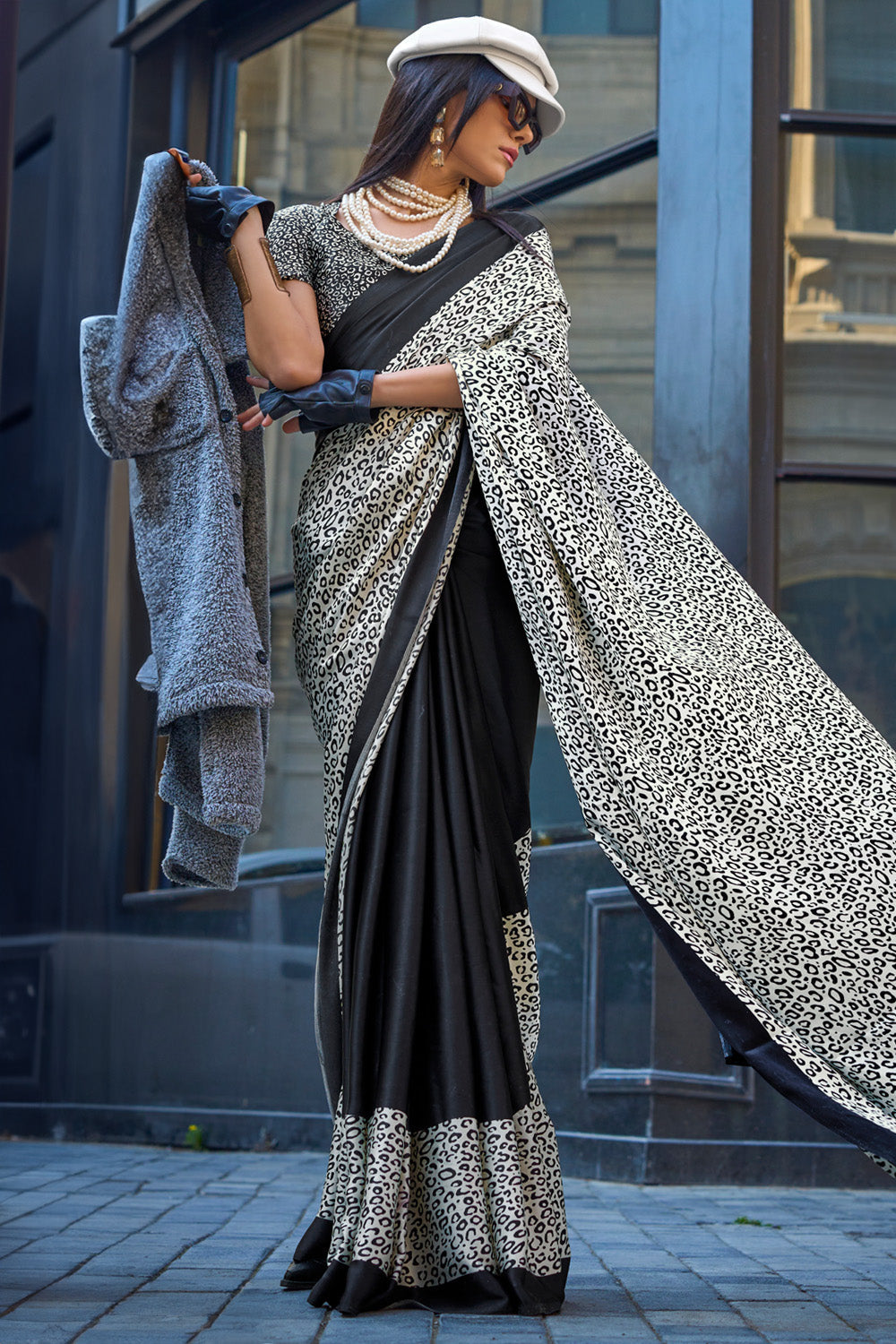 Black & White Satin Silk Saree