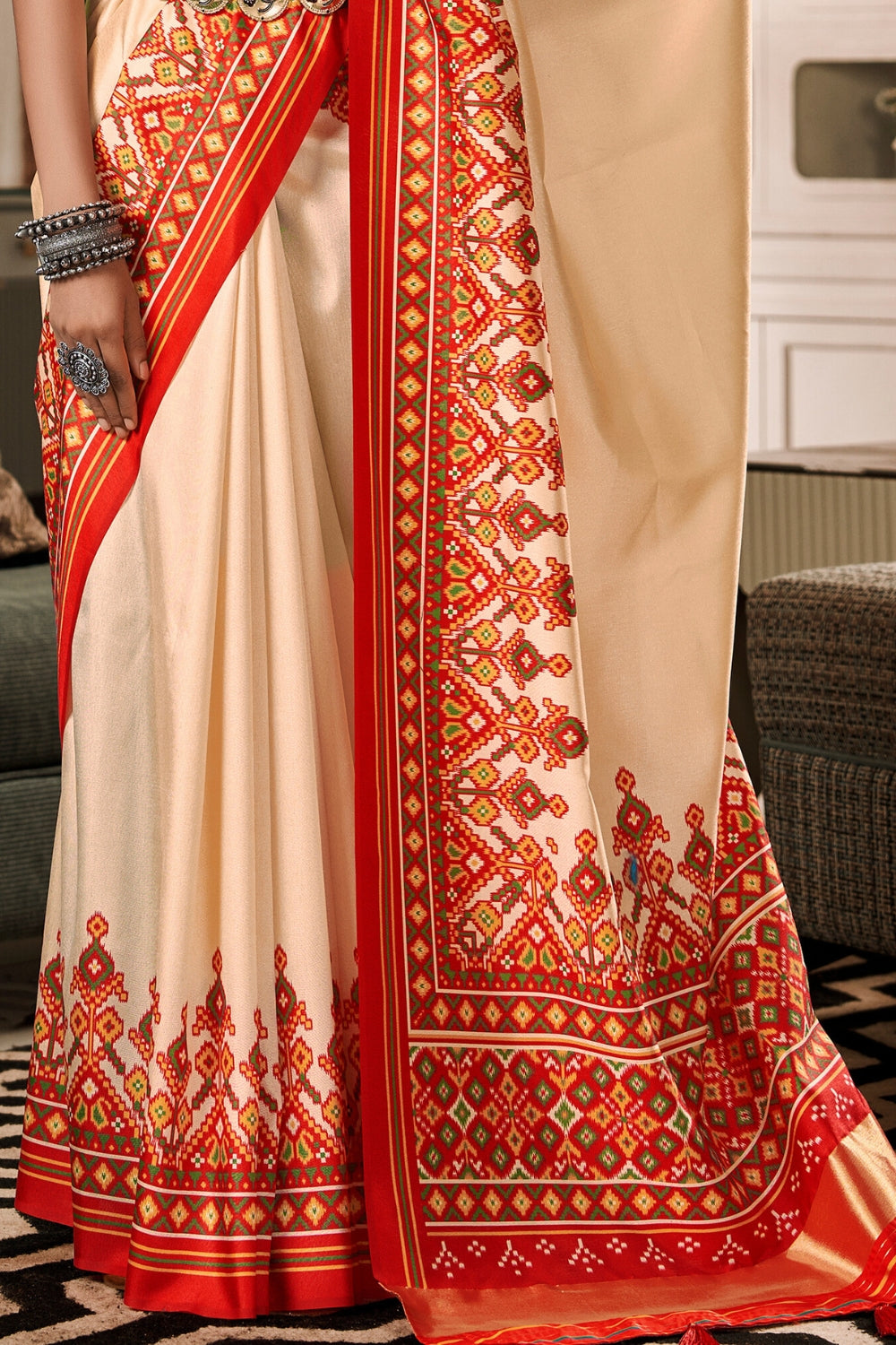 Beige Pure Tusser Patola Saree