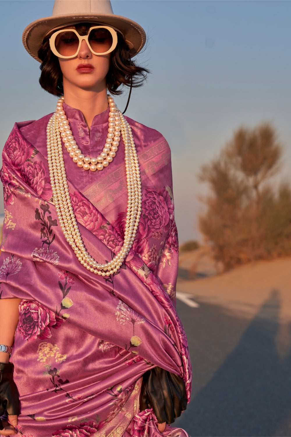 Dark Pink Printed Tussar Saree