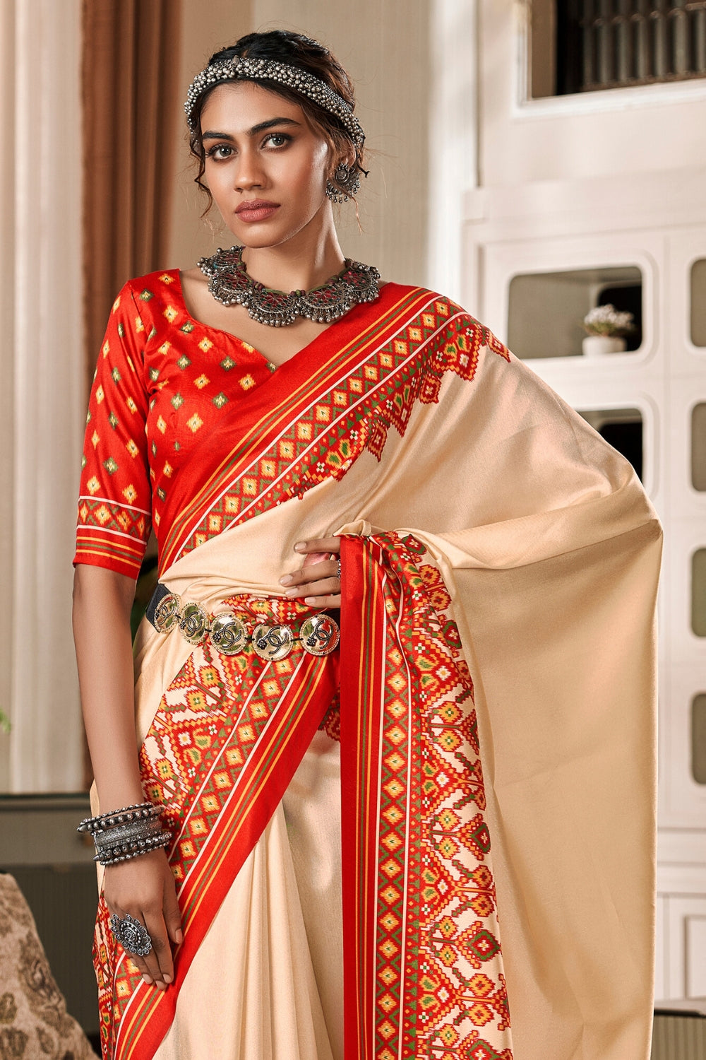 Beige Pure Tusser Patola Saree