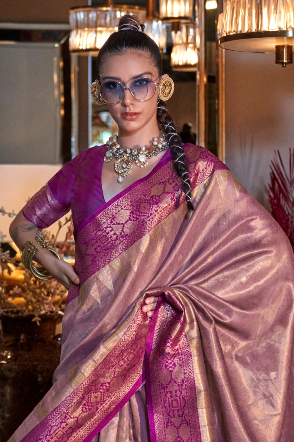 Pink Zari Tissue Saree