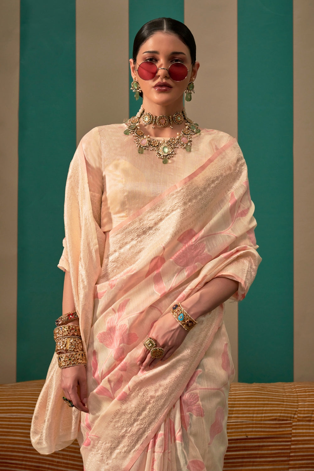 Peach Pink Linen Saree