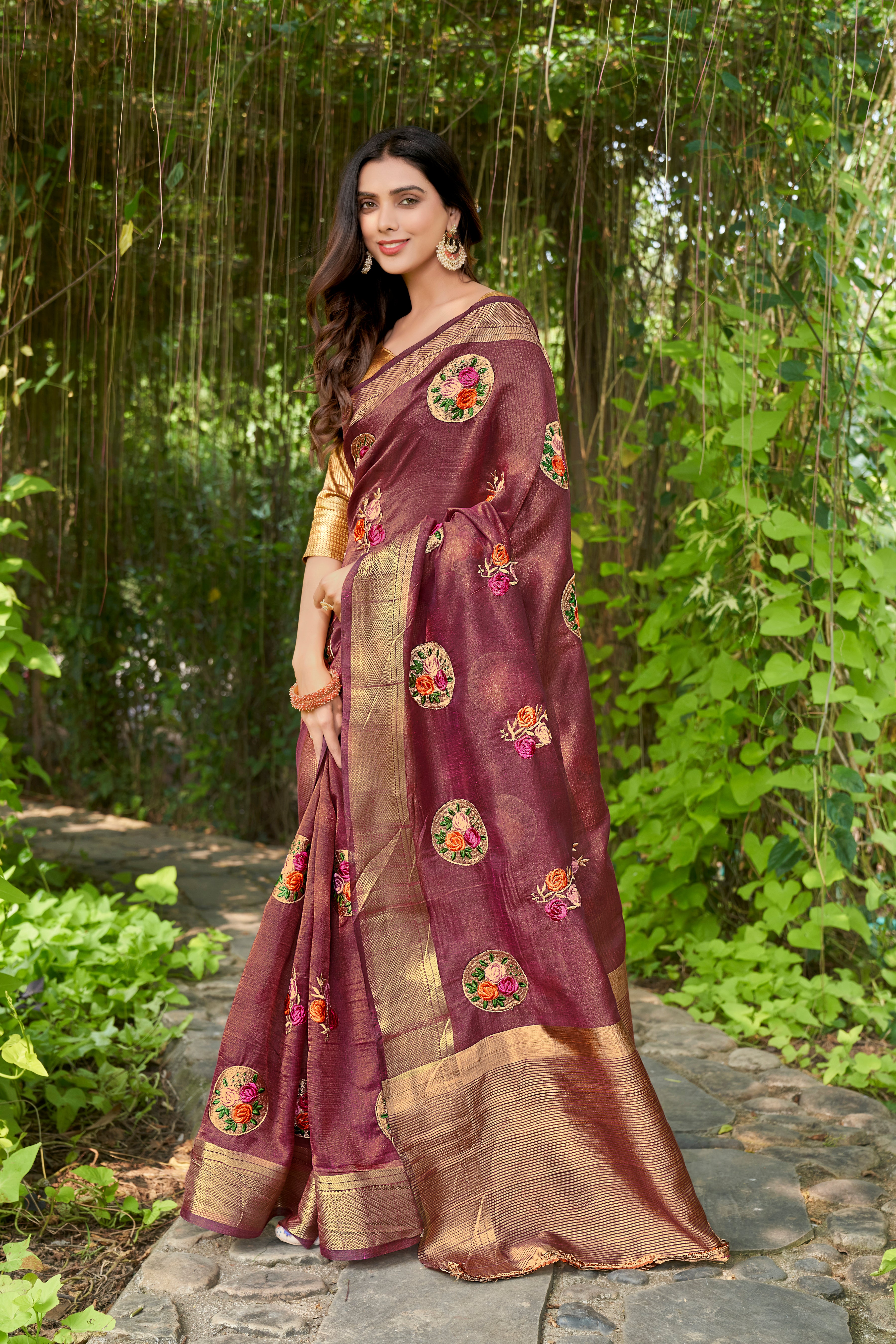 Wine Cotton  Saree With Cotton Zari  Blouse