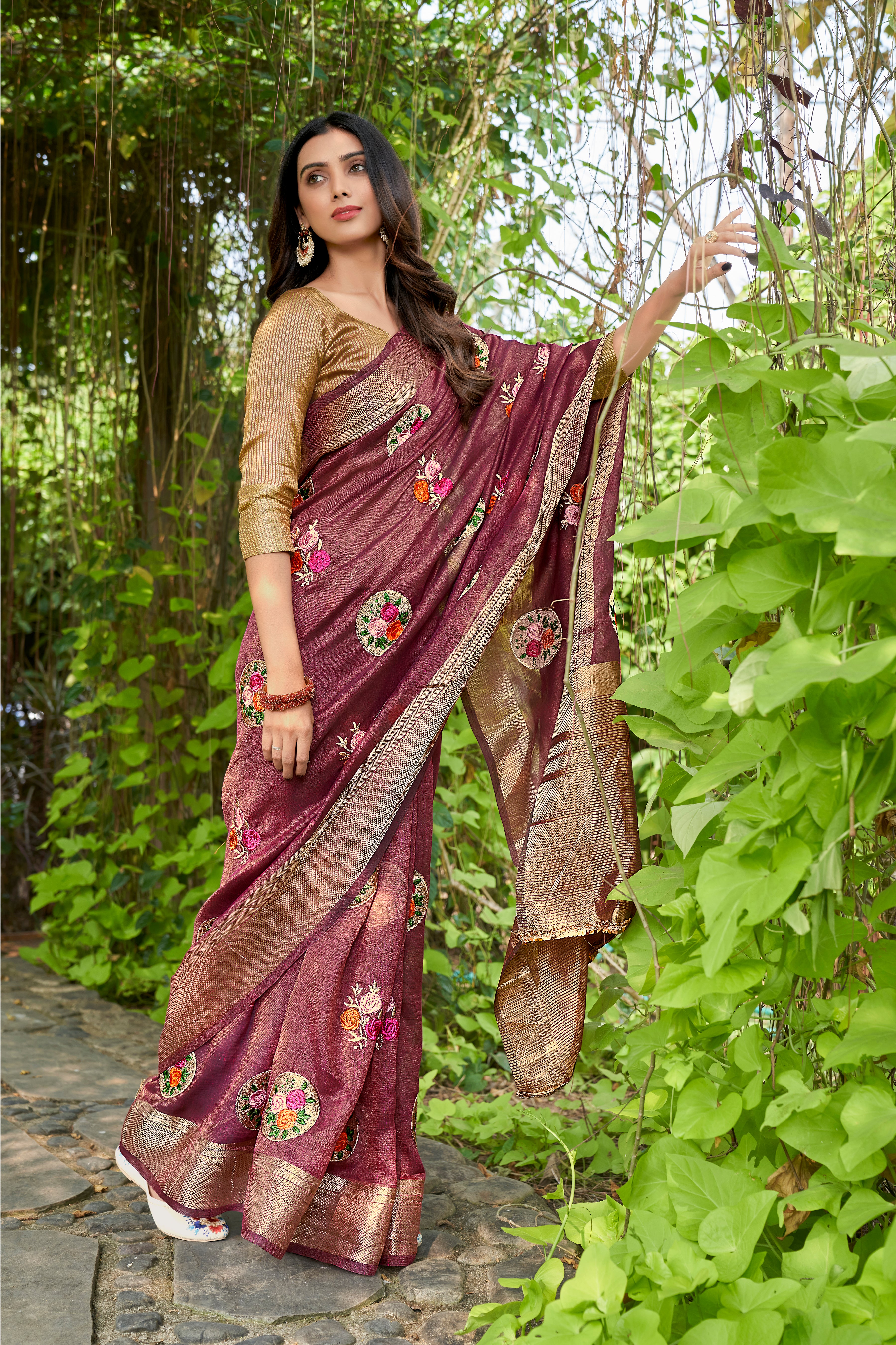 Wine Cotton  Saree With Cotton Zari  Blouse