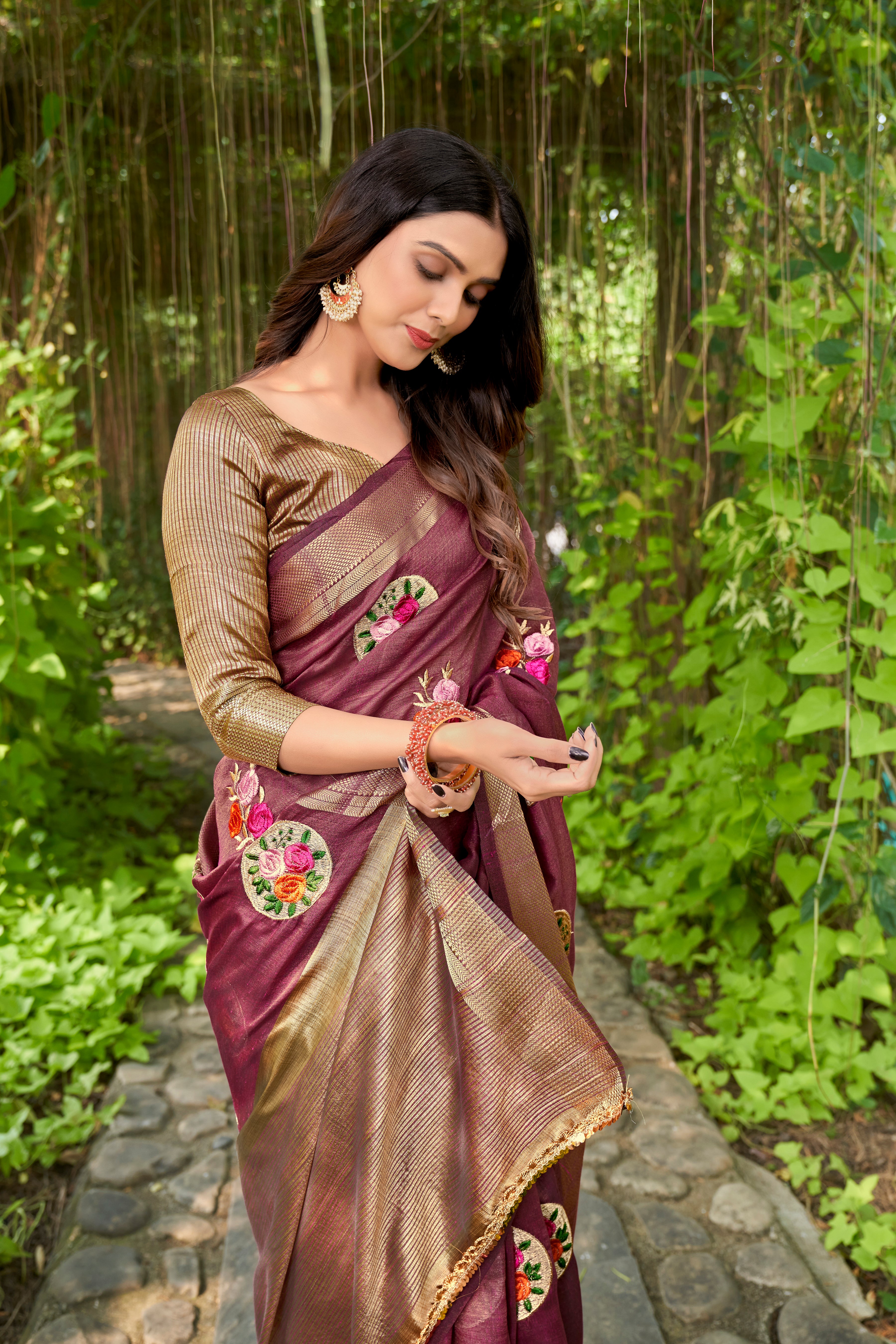 Wine Cotton  Saree With Cotton Zari  Blouse