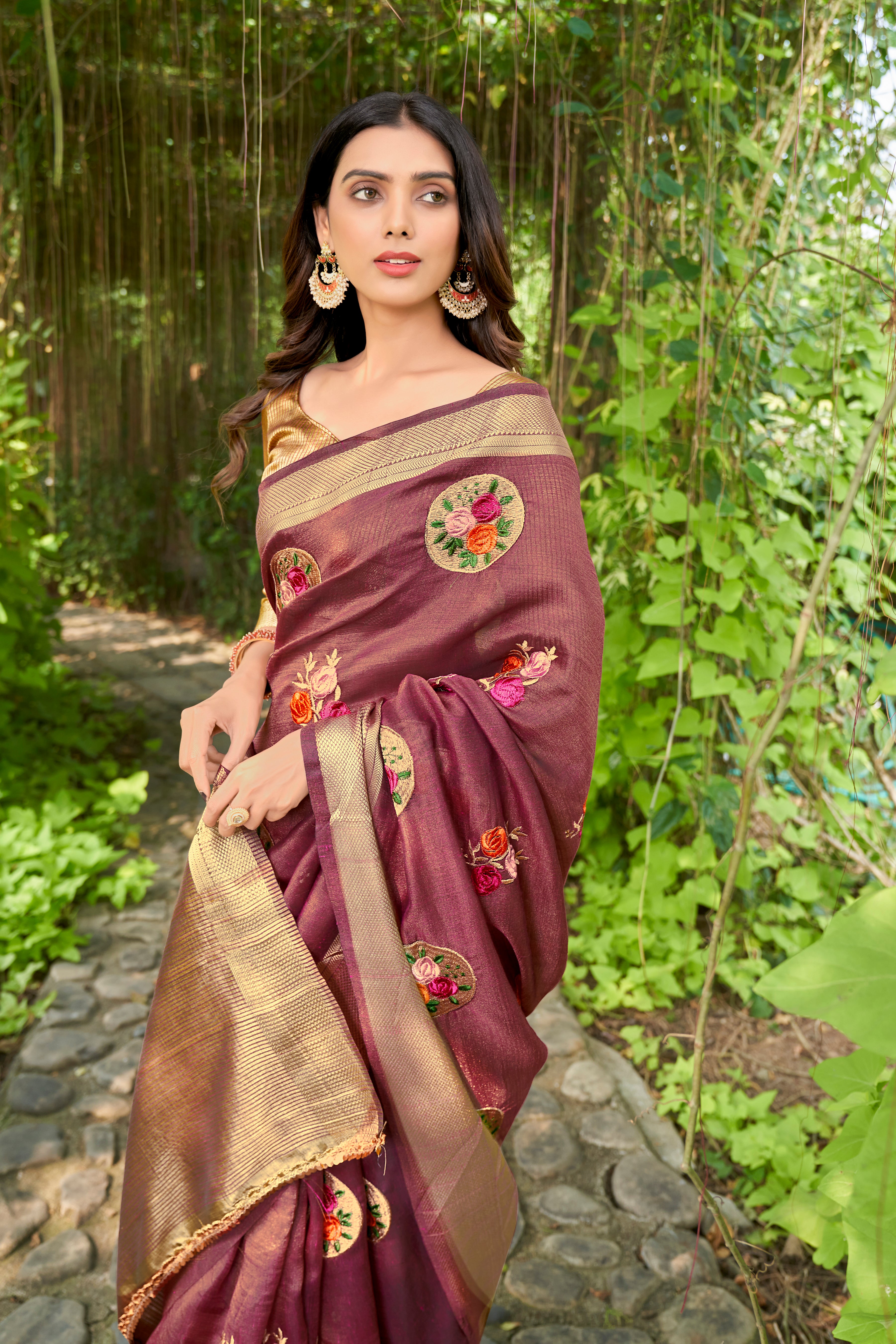 Wine Cotton  Saree With Cotton Zari  Blouse