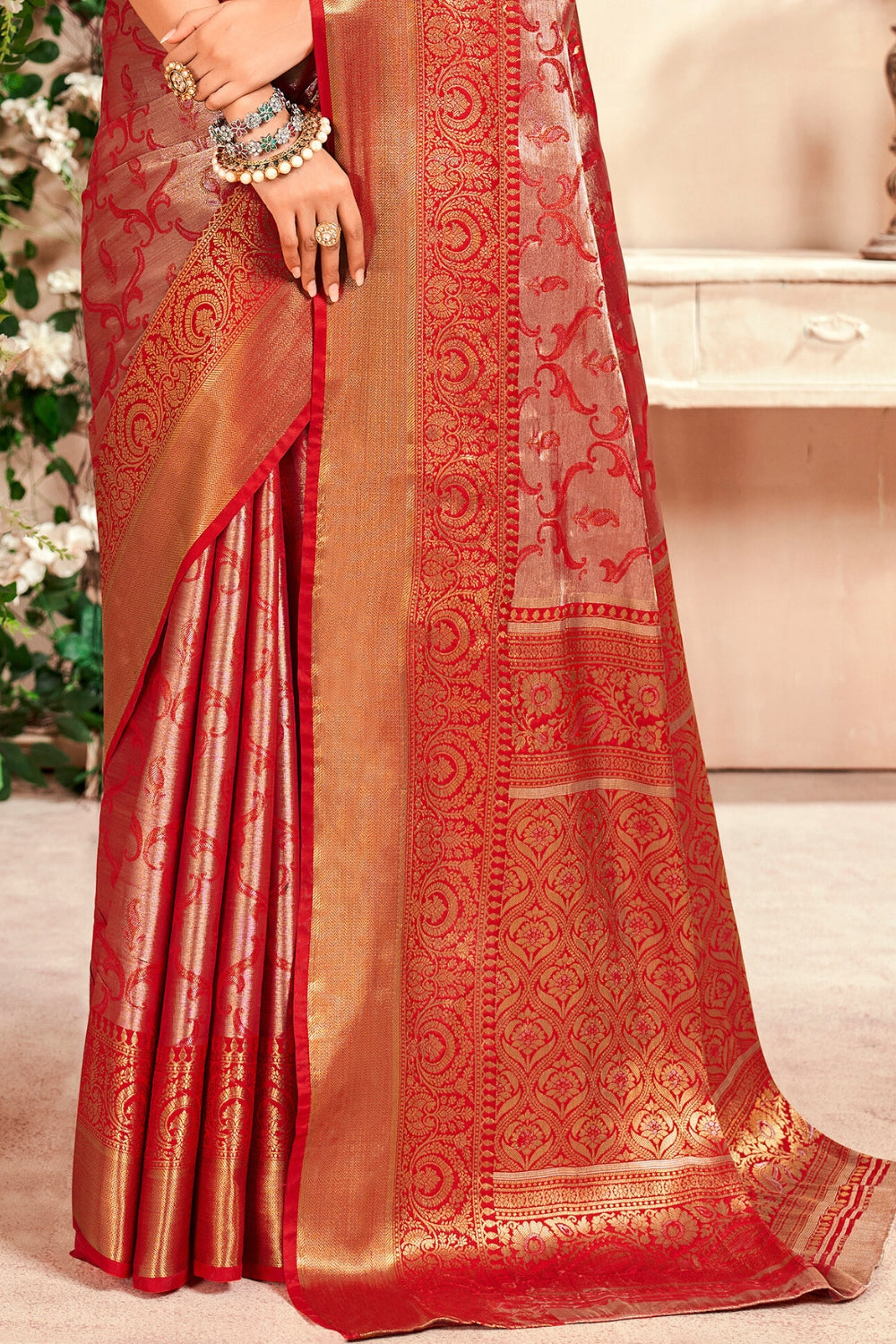 Red PURE DHARMAVARAM WITH ZARI WEAVING Saree