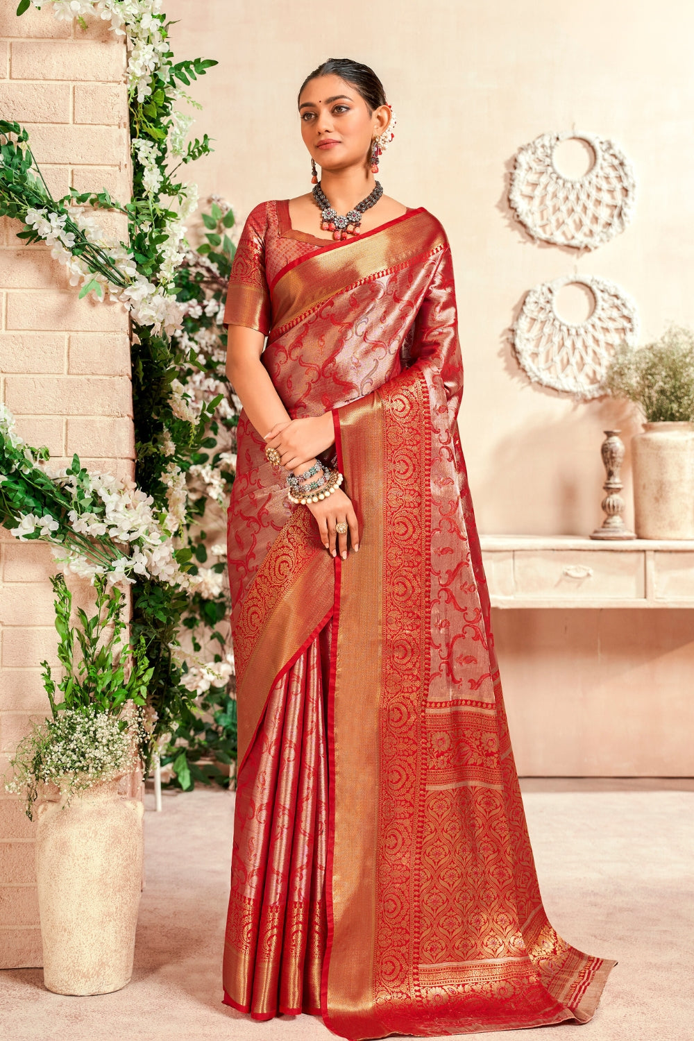 Red PURE DHARMAVARAM WITH ZARI WEAVING Saree