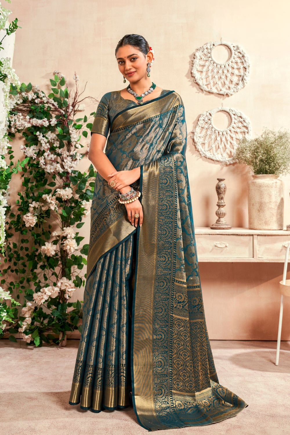 Indigo PURE DHARMAVARAM WITH ZARI WEAVING Saree