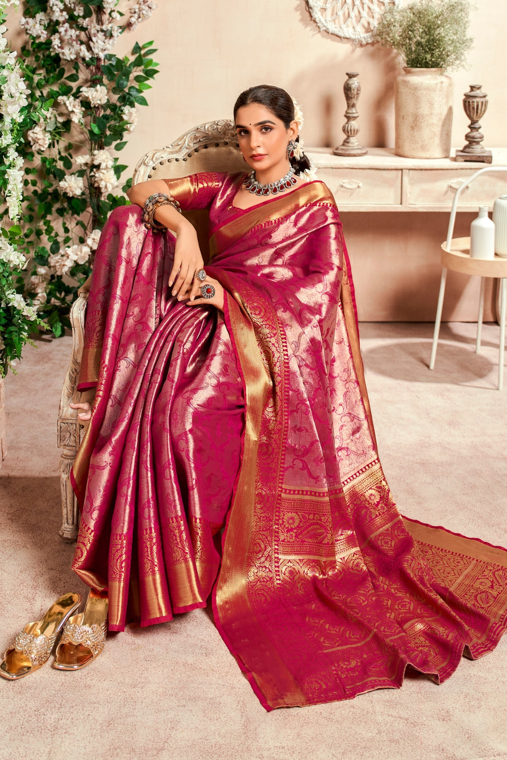 Pink PURE DHARMAVARAM WITH ZARI WEAVING Saree