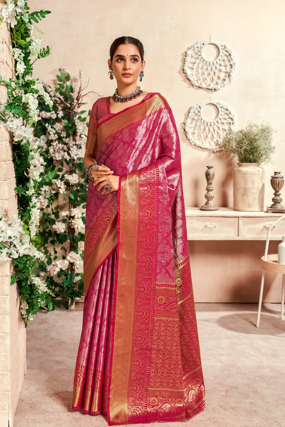 Pink PURE DHARMAVARAM WITH ZARI WEAVING Saree