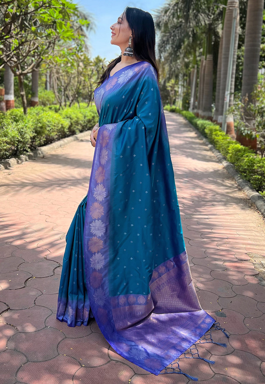 Rama Blue Soft Silk Floral Saree