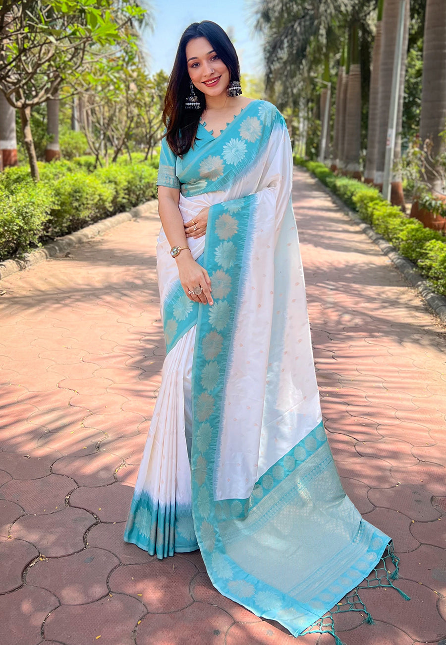 Pure White Soft Silk Floral Saree