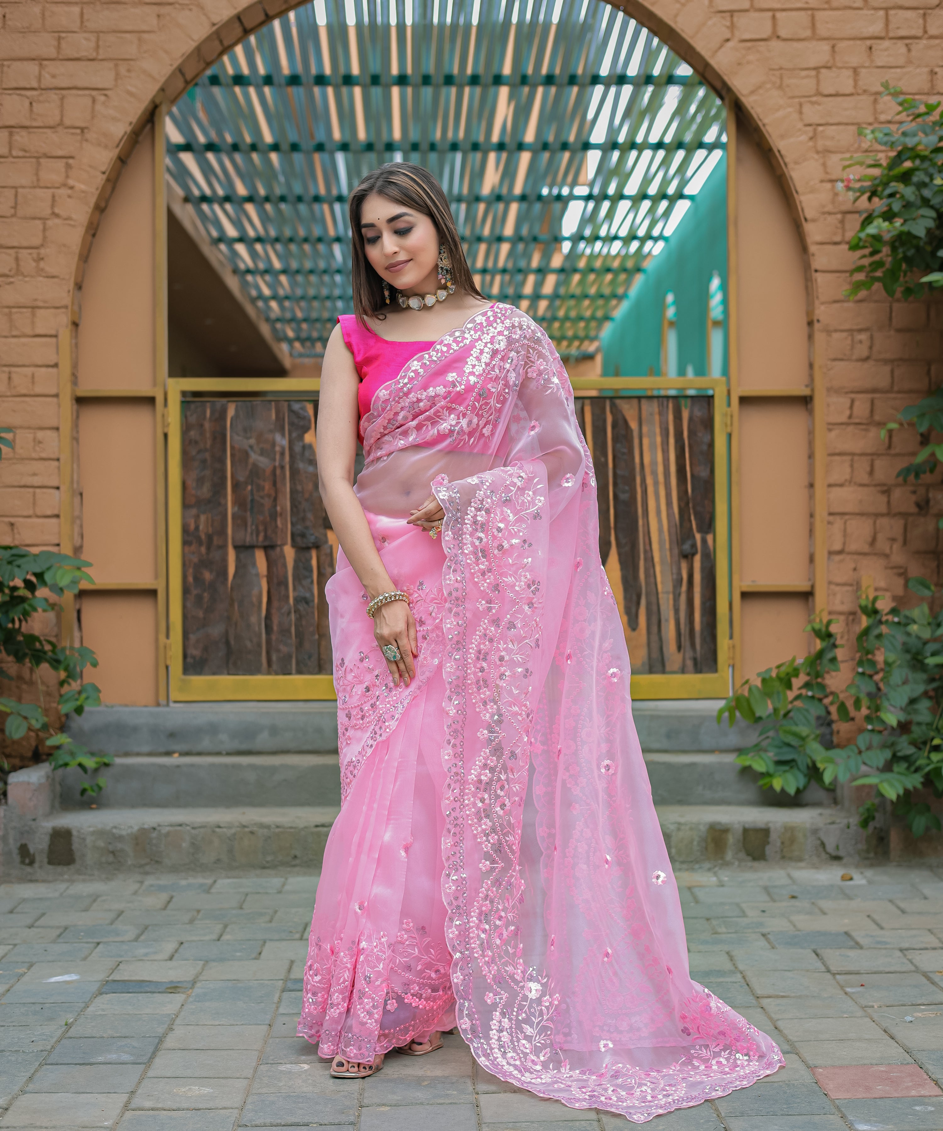 Pink Organza Saree With Satin Benglori Blouse