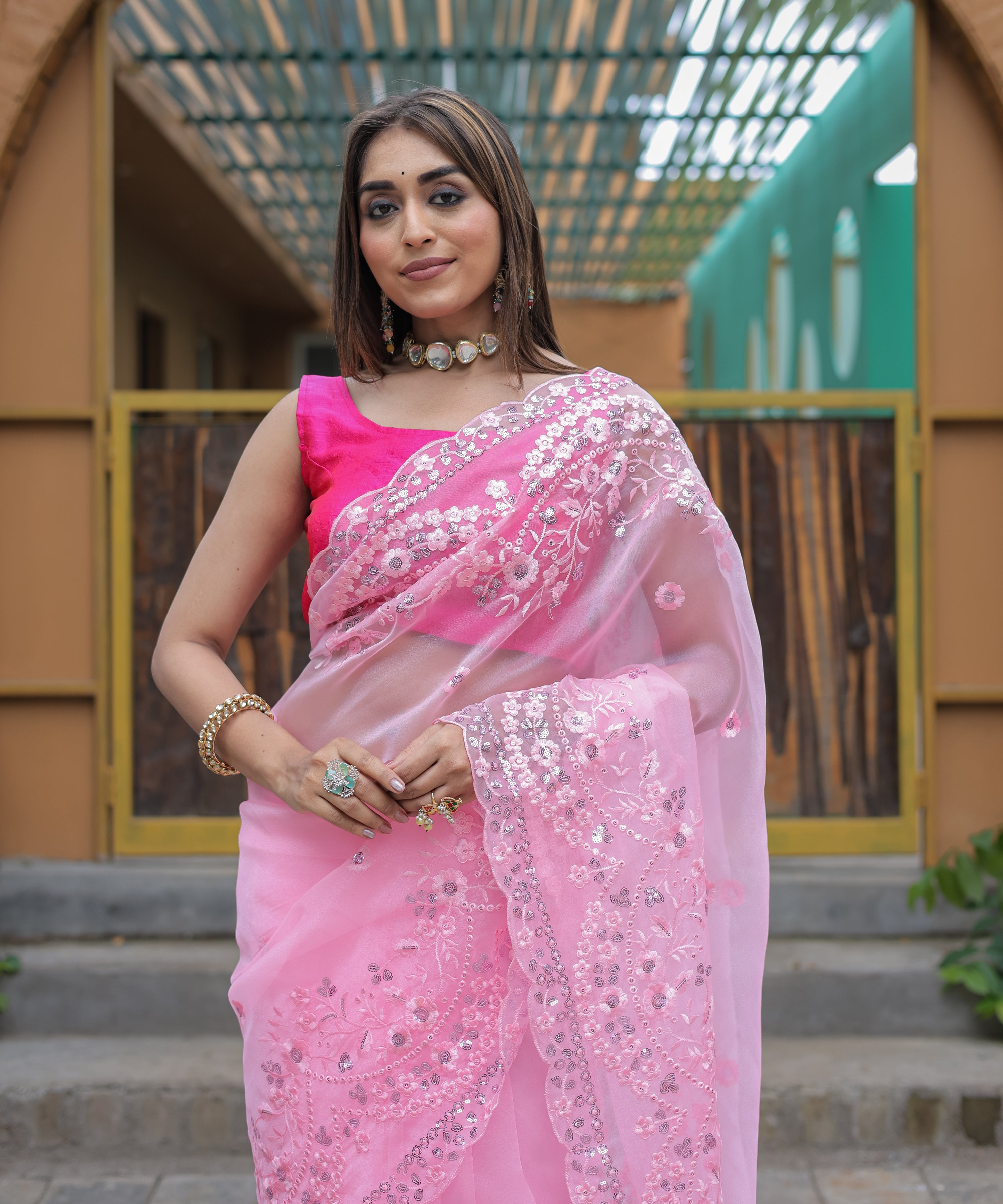 Pink Organza Saree With Satin Benglori Blouse