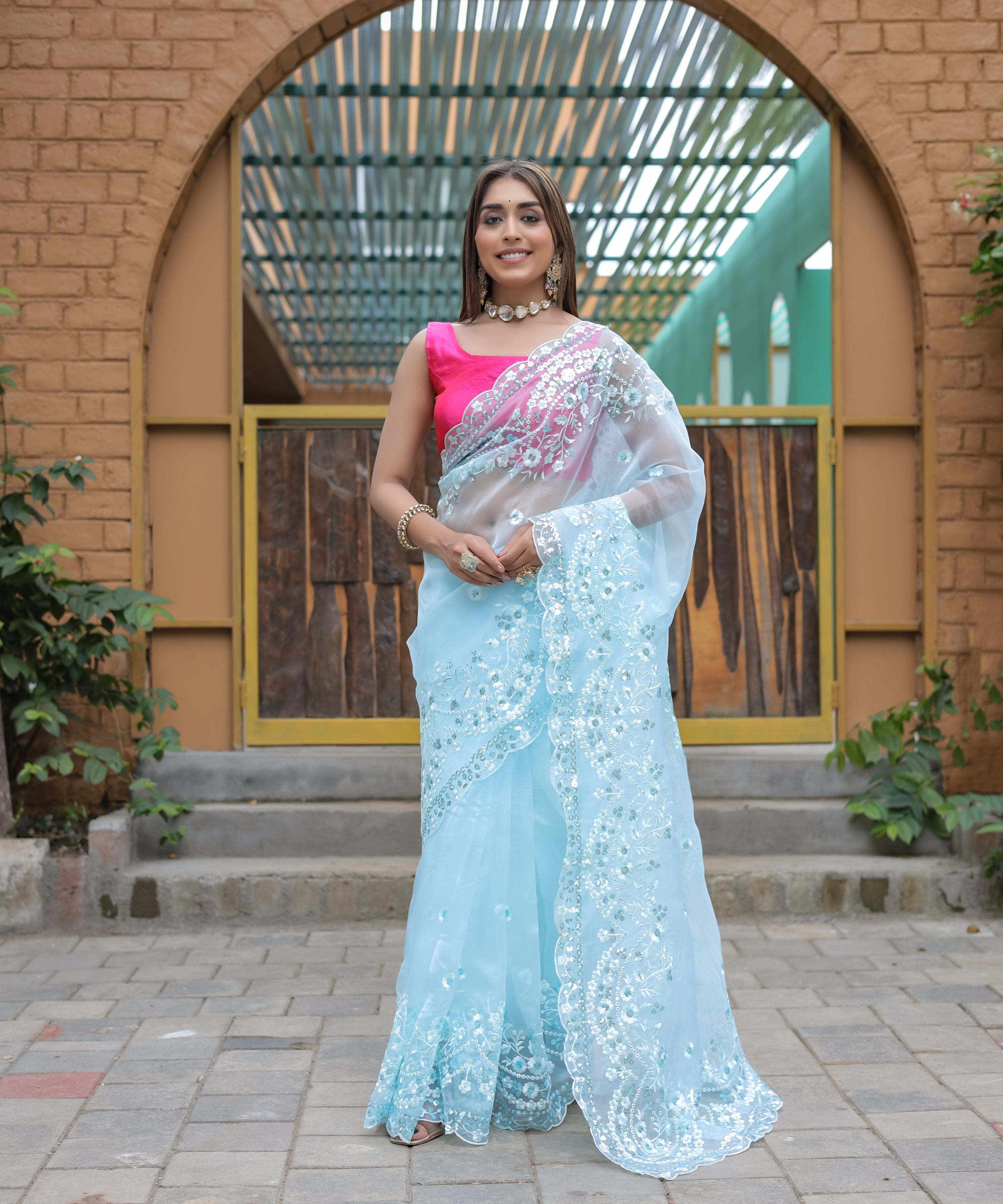 Sky Organza Saree With Satin Benglori Blouse