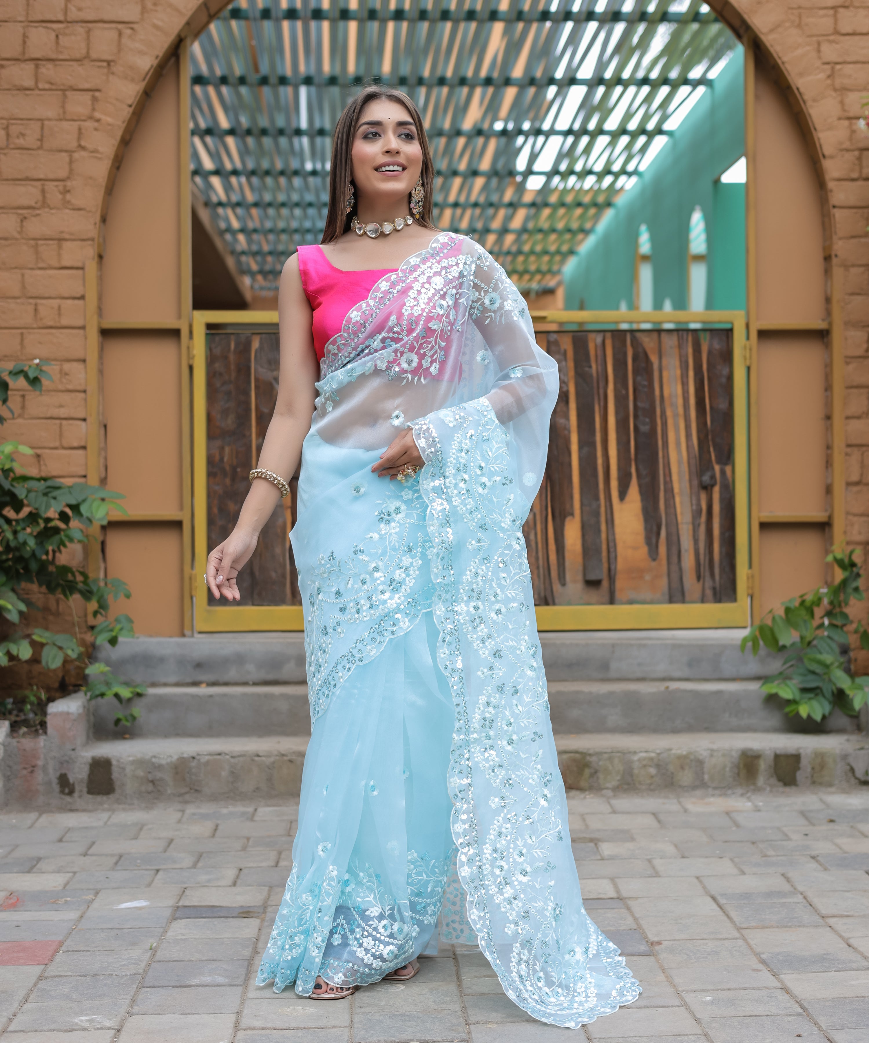 Sky Organza Saree With Satin Benglori Blouse