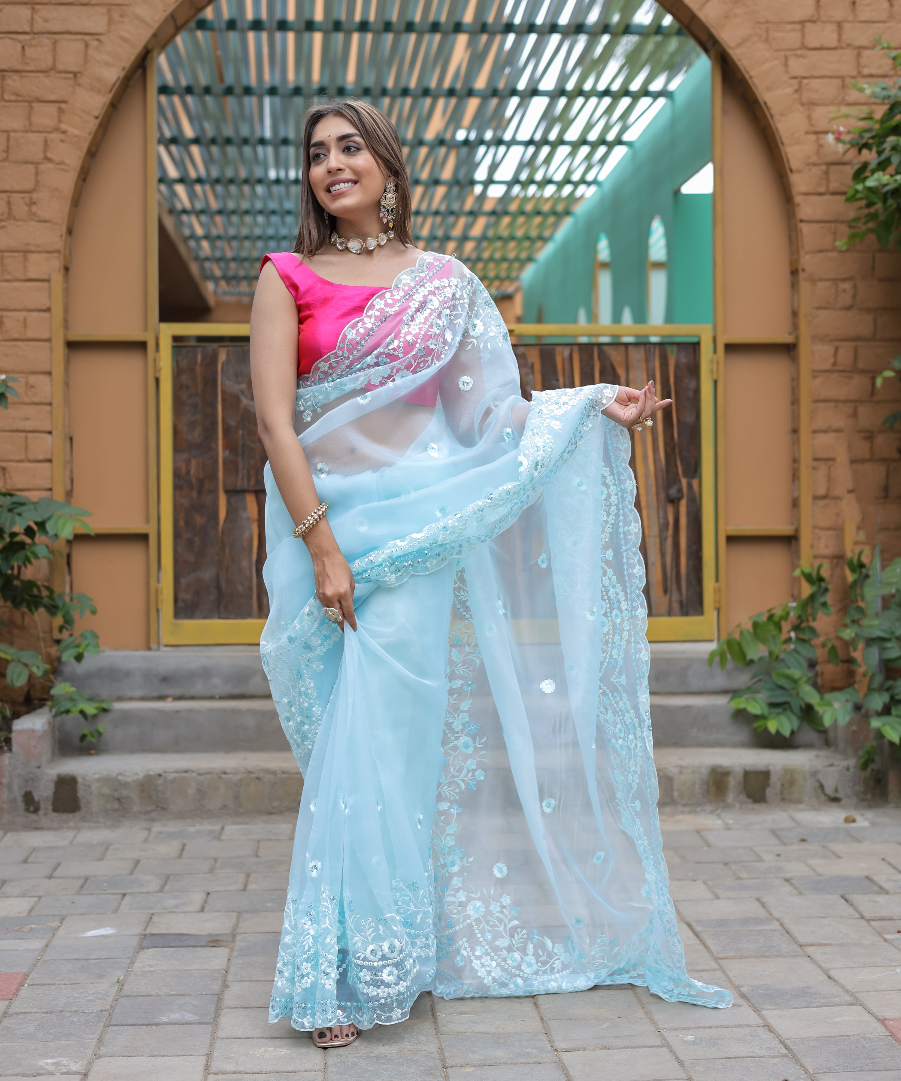 Sky Organza Saree With Satin Benglori Blouse