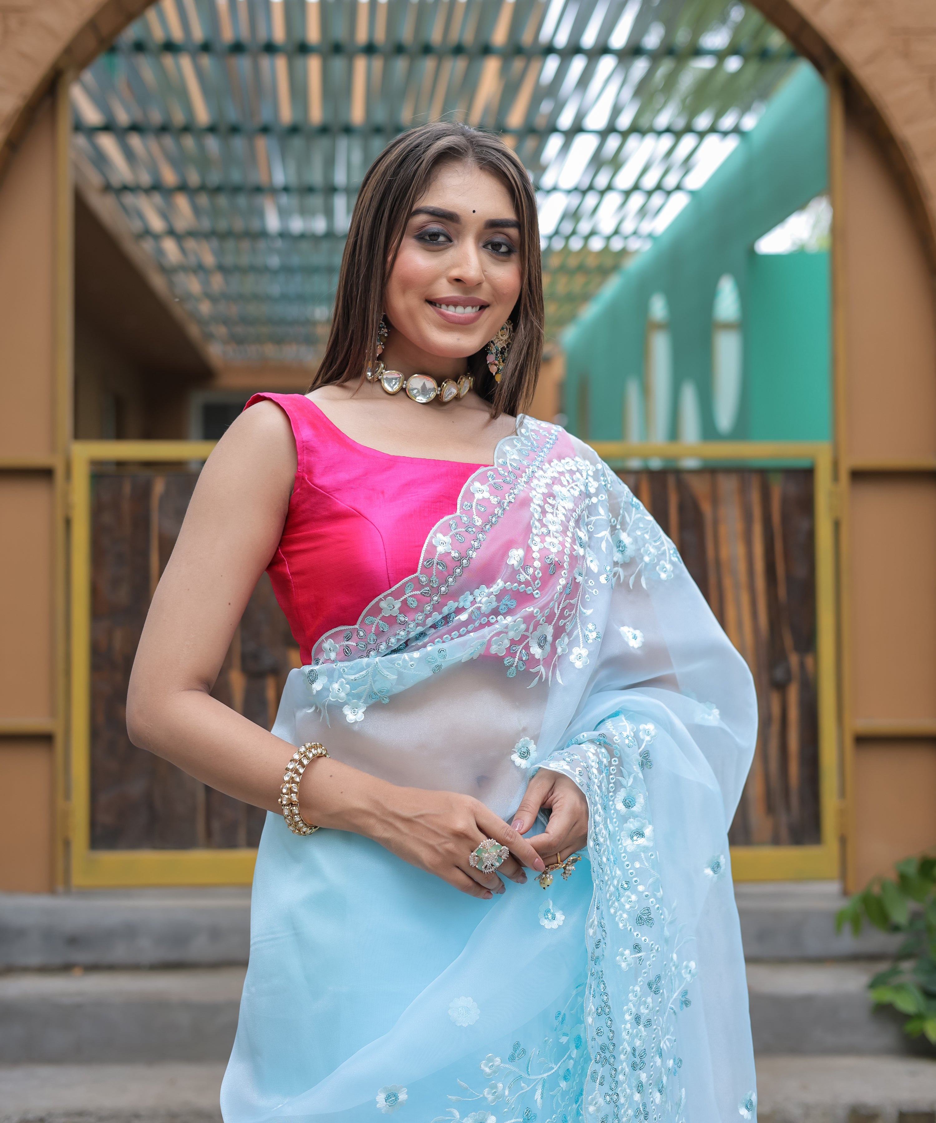 Sky Organza Saree With Satin Benglori Blouse