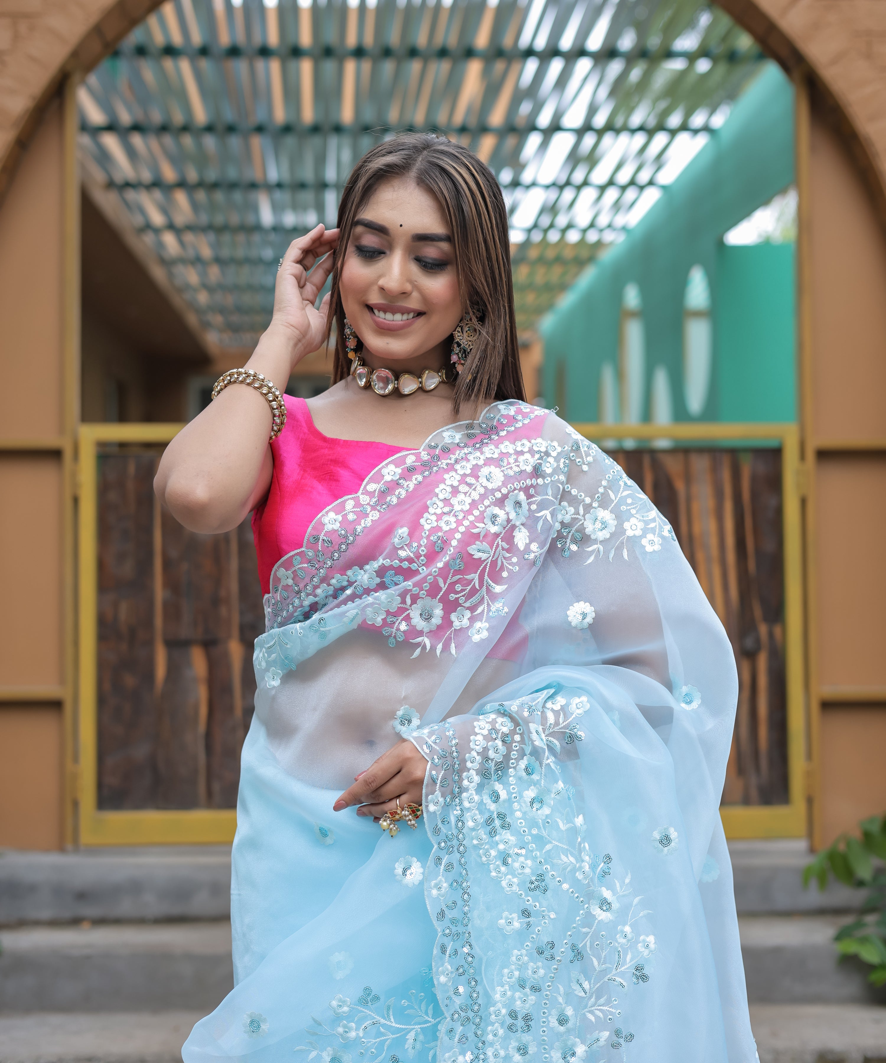 Sky Organza Saree With Satin Benglori Blouse