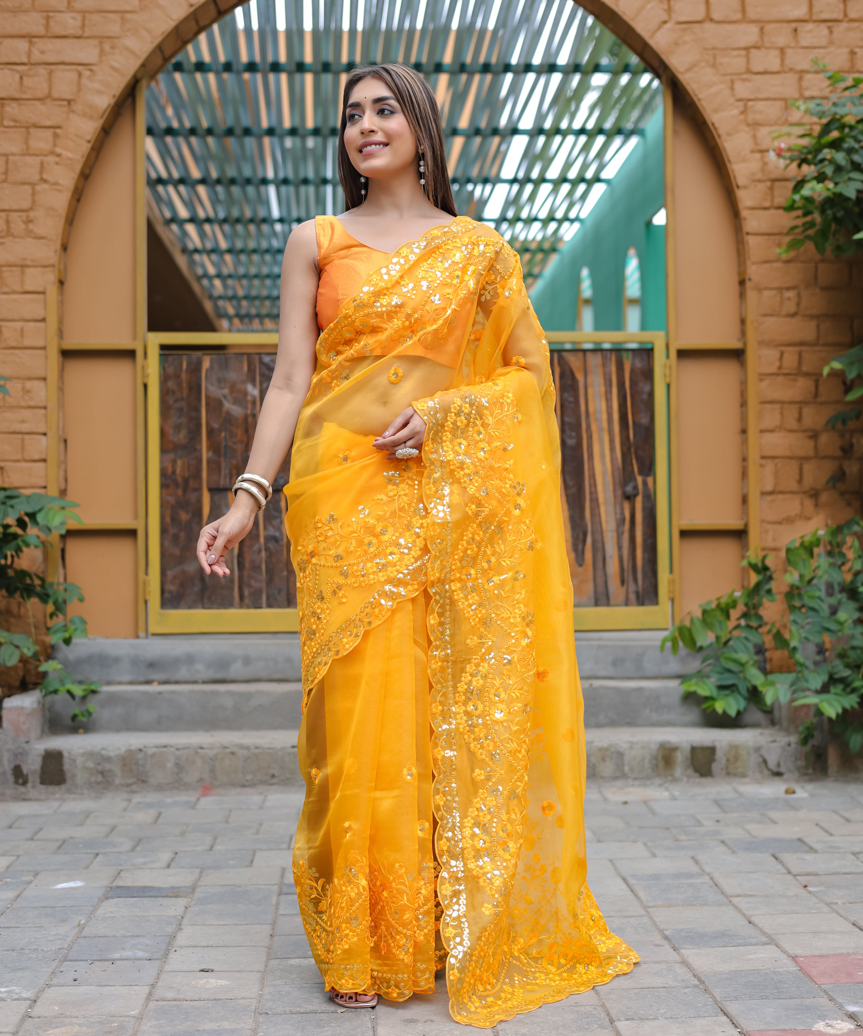 Yellow Organza Saree With Satin Benglori Blouse