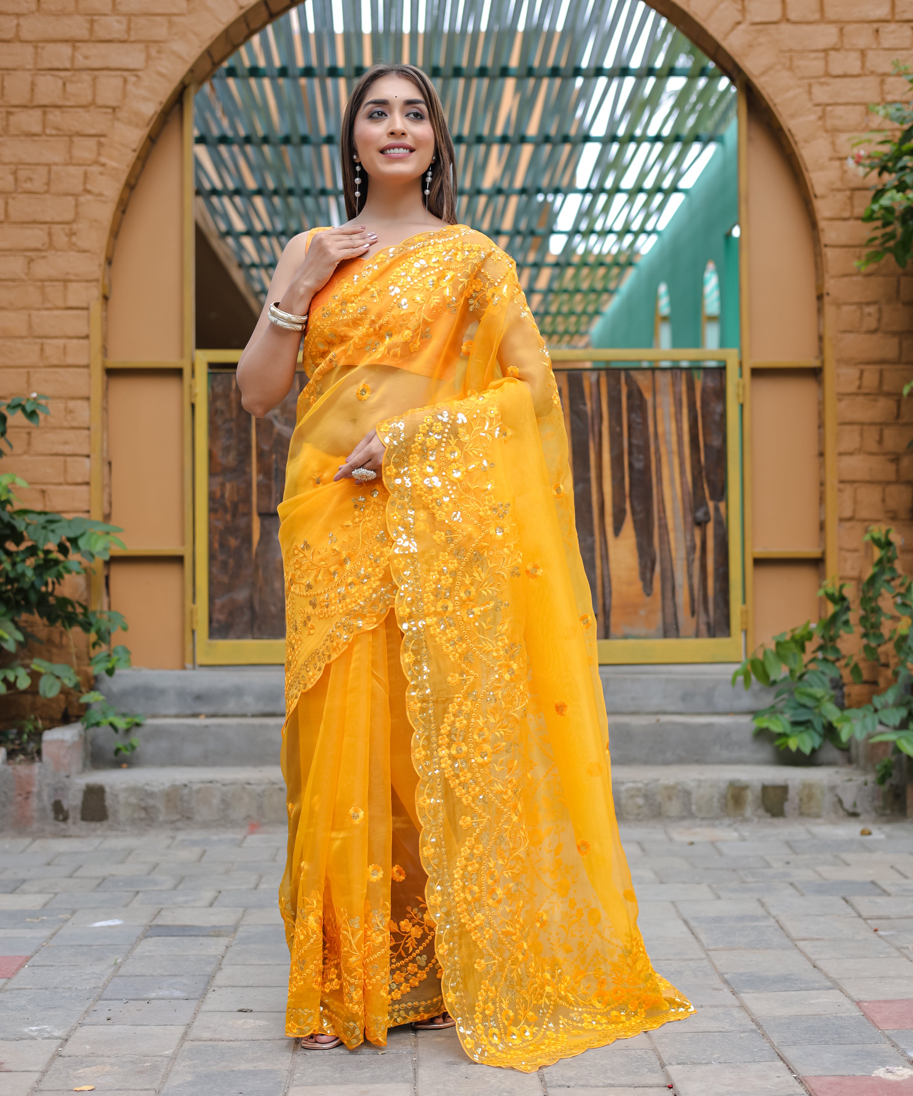 Yellow Organza Saree With Satin Benglori Blouse