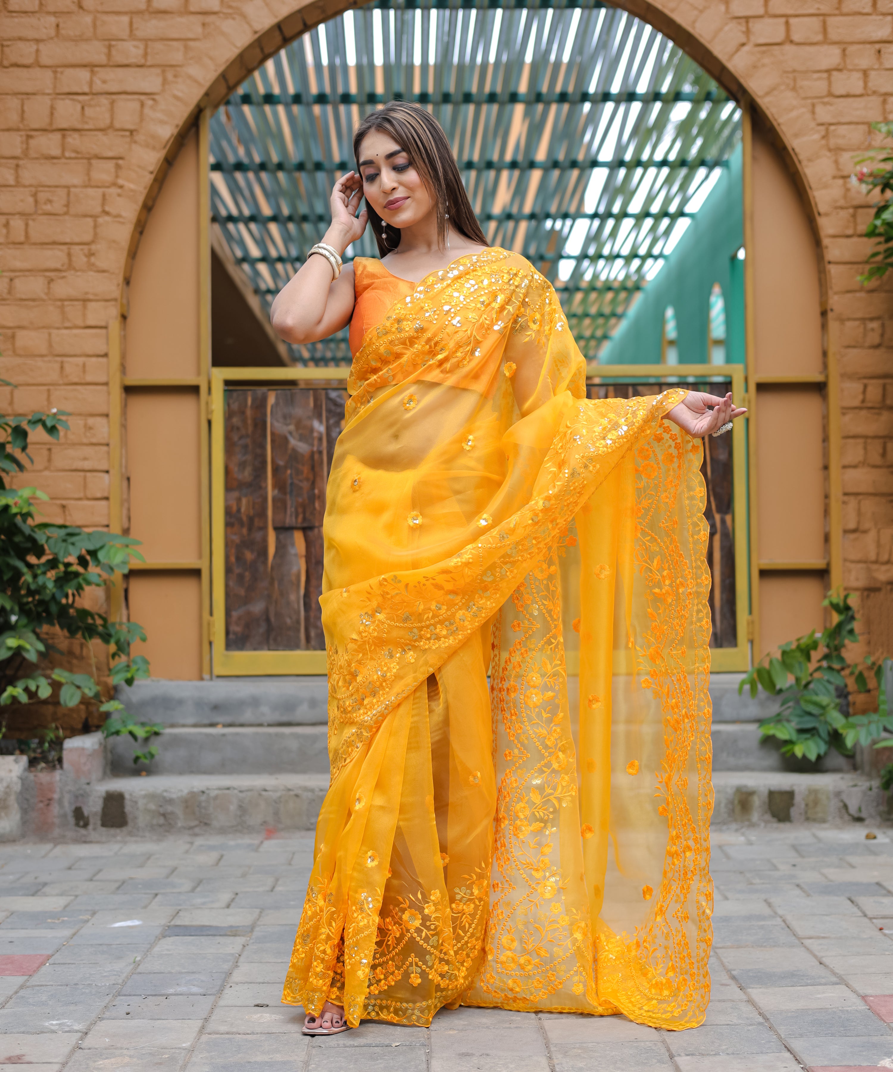 Yellow Organza Saree With Satin Benglori Blouse