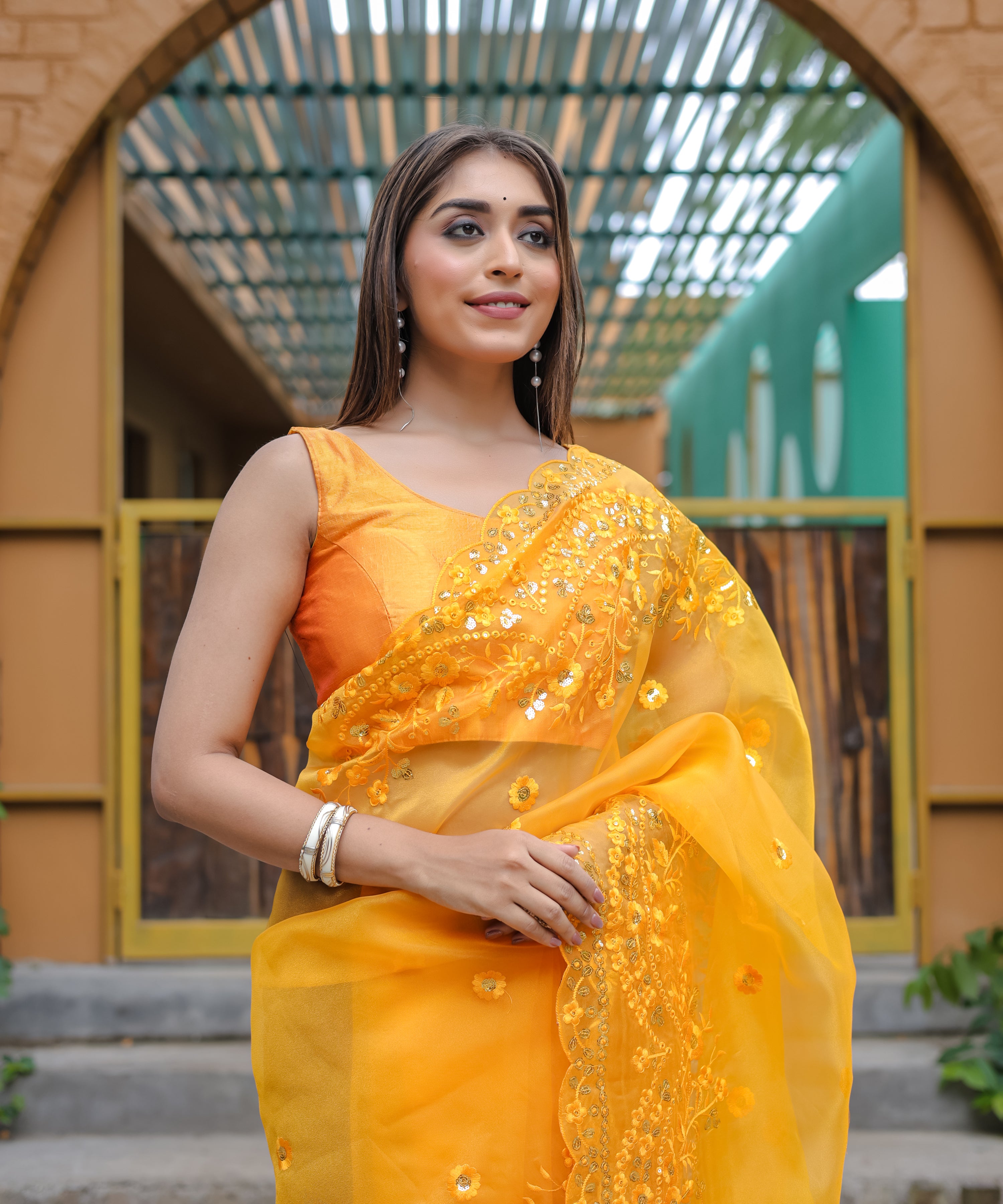 Yellow Organza Saree With Satin Benglori Blouse