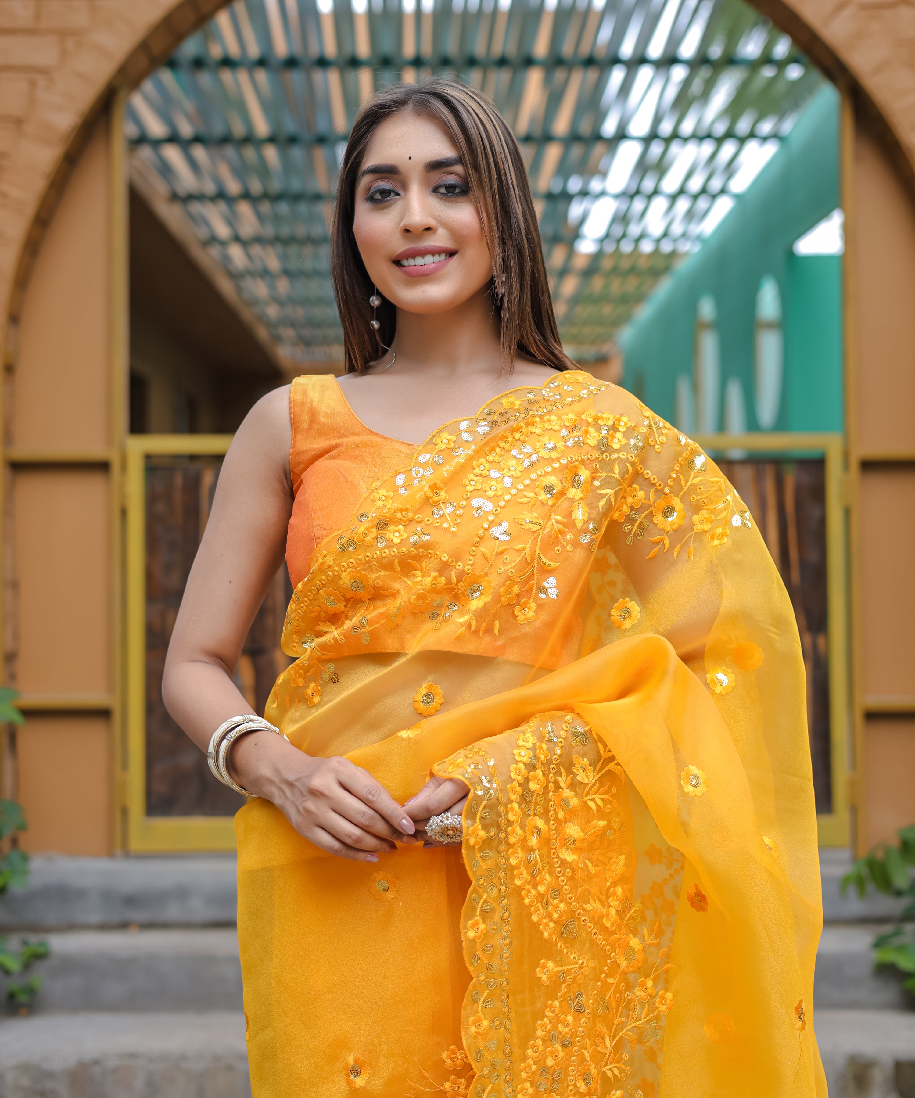 Yellow Organza Saree With Satin Benglori Blouse