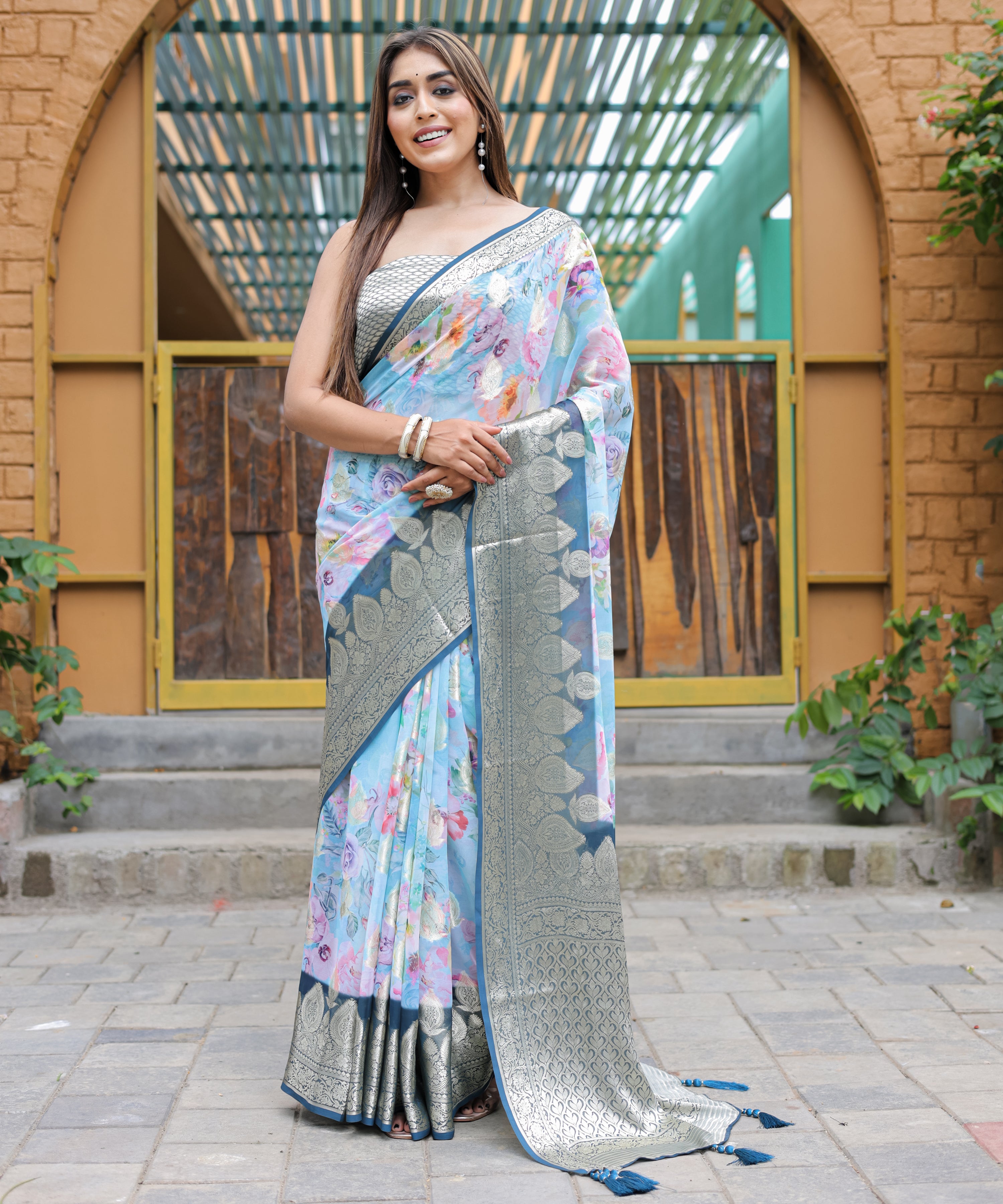 BLUE Georgette Saree With Georgette Blouse