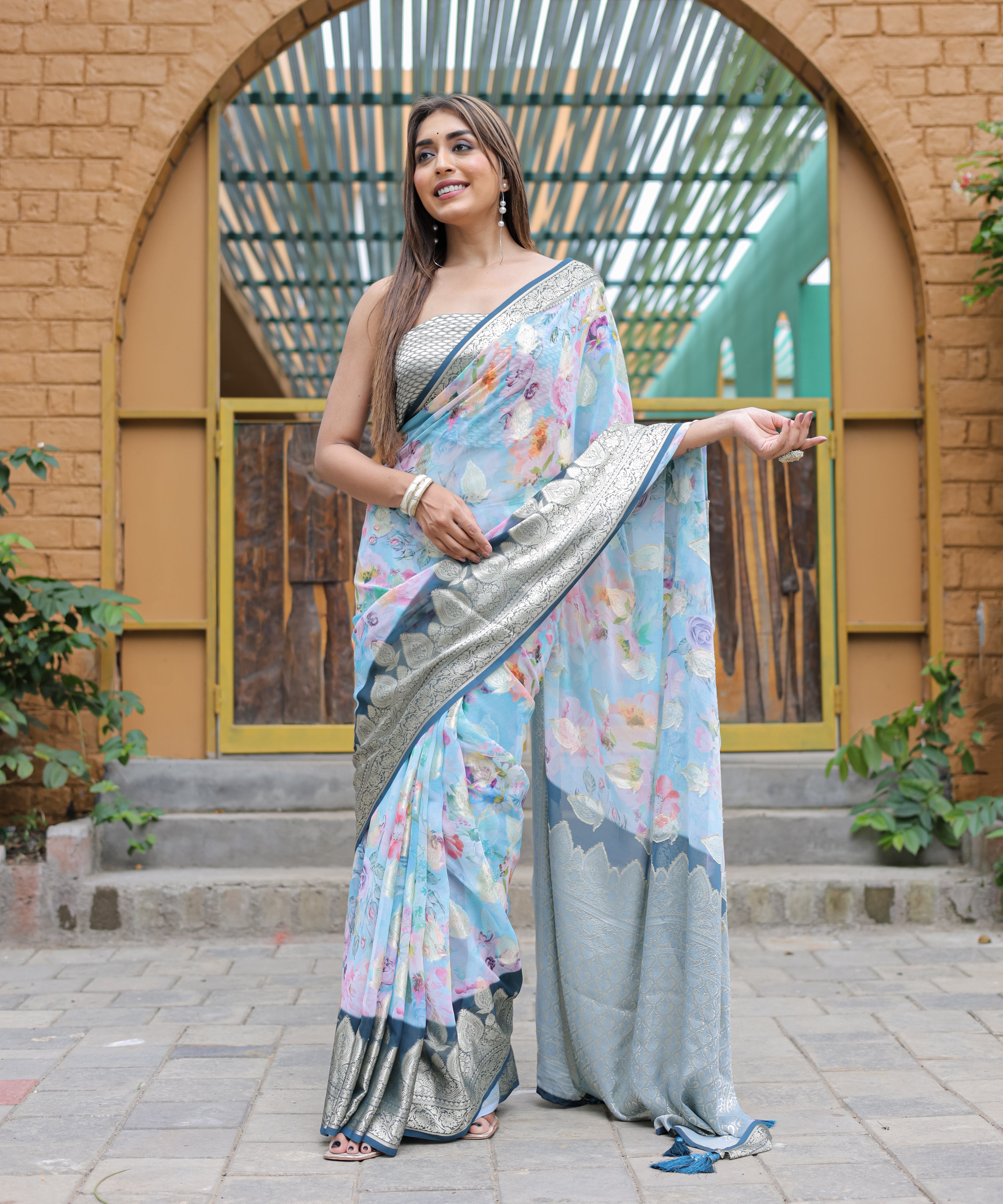 BLUE Georgette Saree With Georgette Blouse