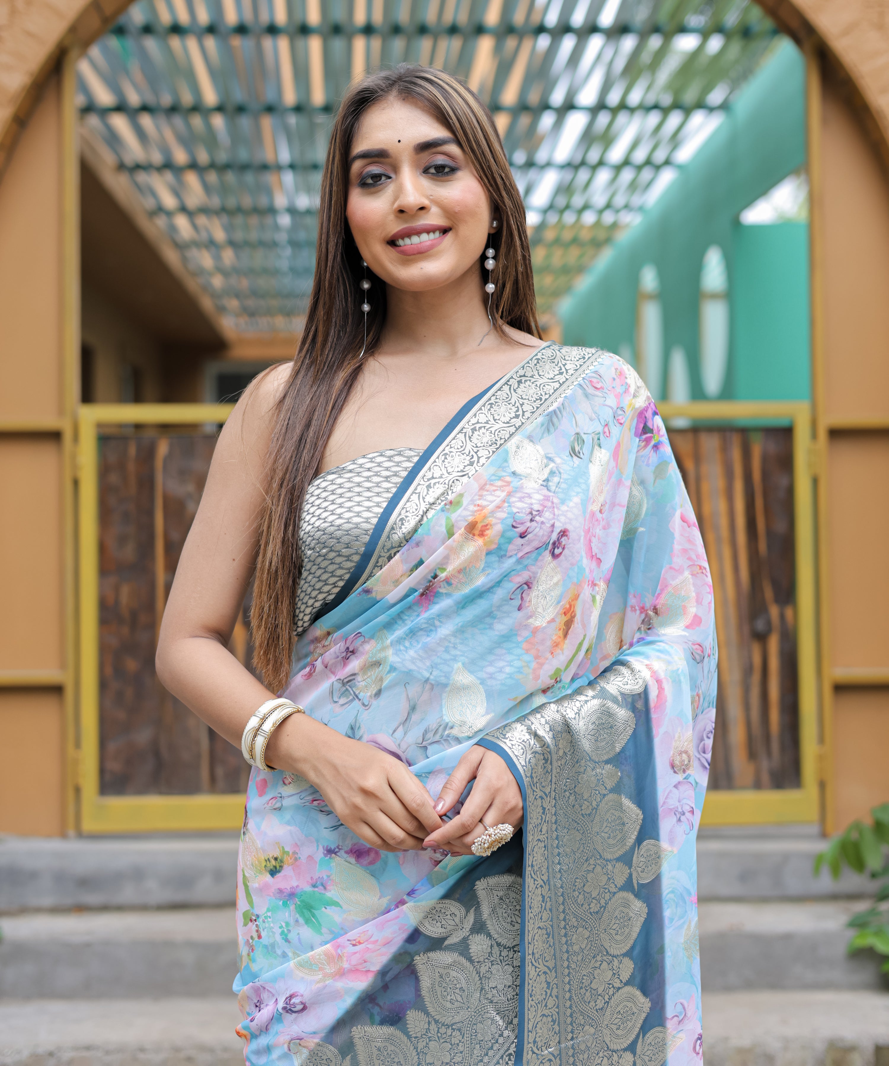 BLUE Georgette Saree With Georgette Blouse