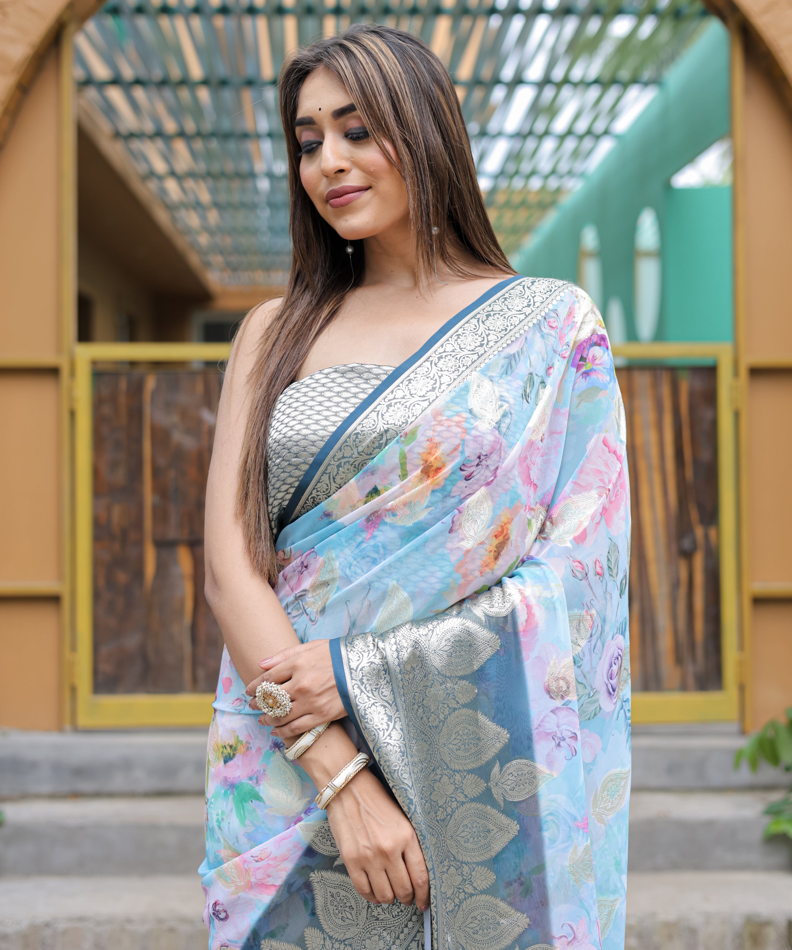 BLUE Georgette Saree With Georgette Blouse