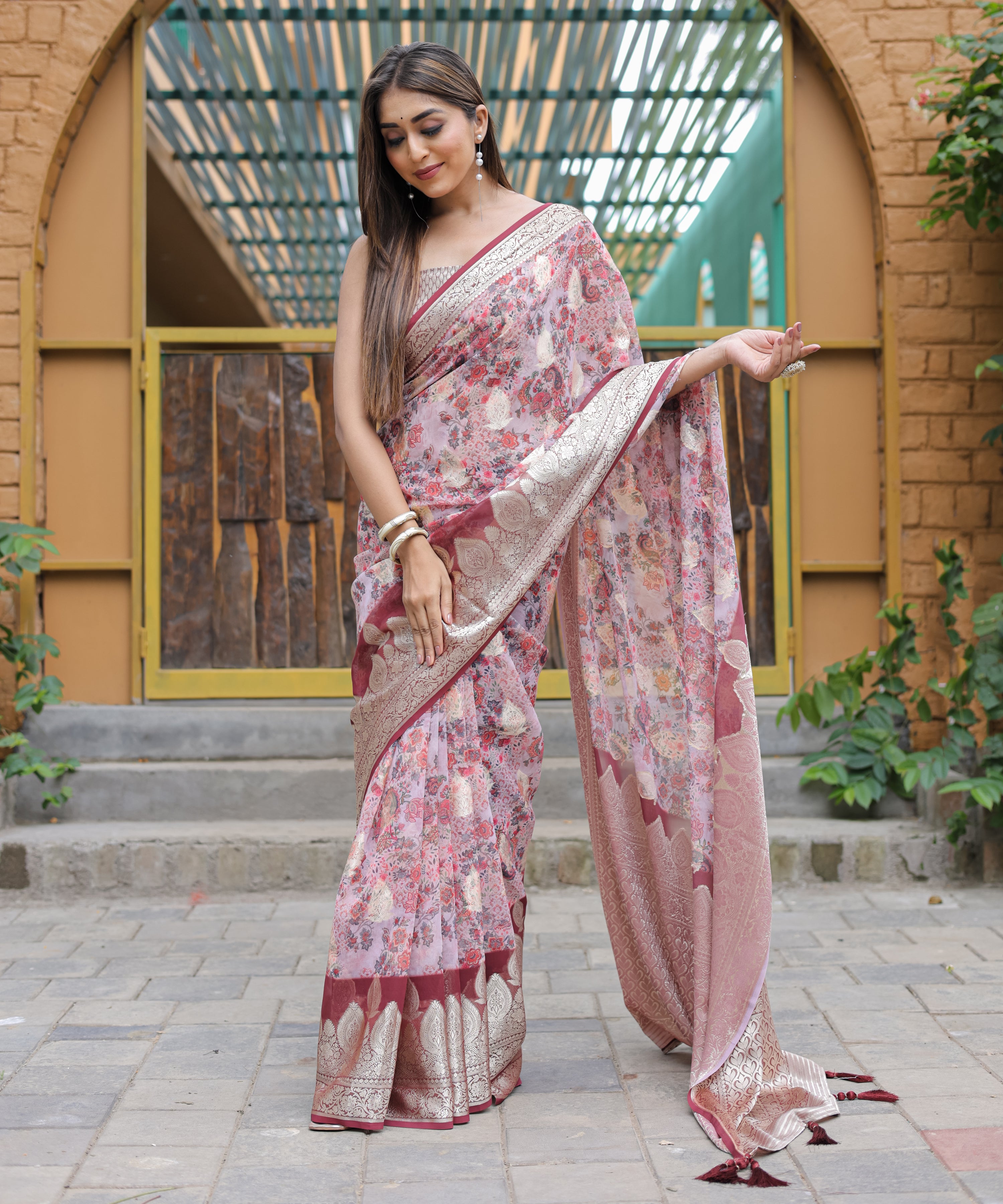 Pink Georgette Saree With Georgette Blouse