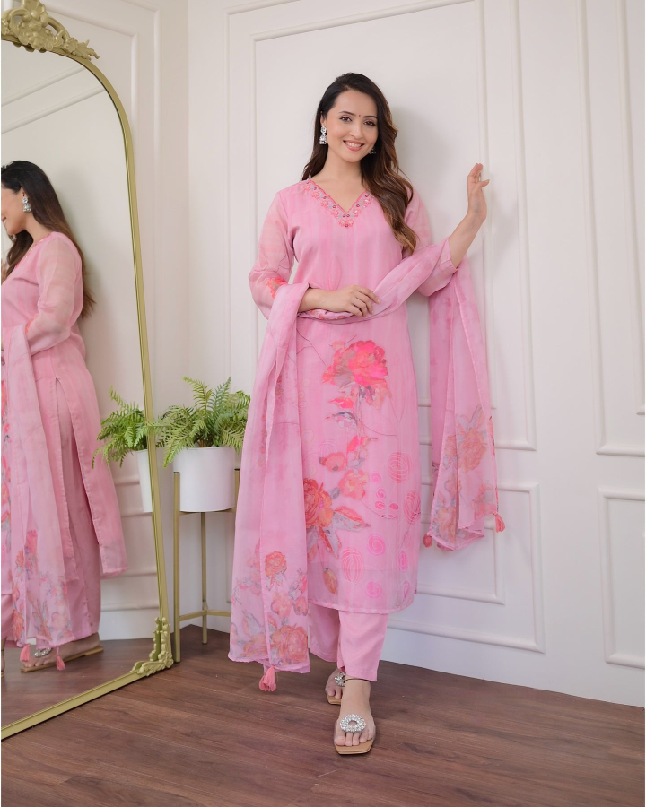 Light Pink Women Embroidered Premium Organza kurta set