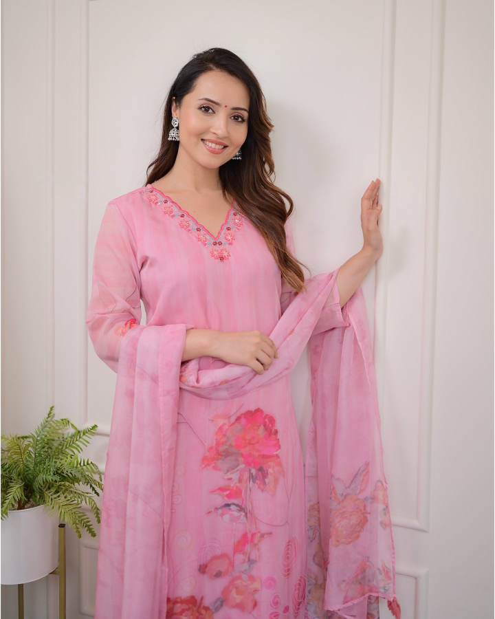 Light Pink Women Embroidered Premium Organza kurta set