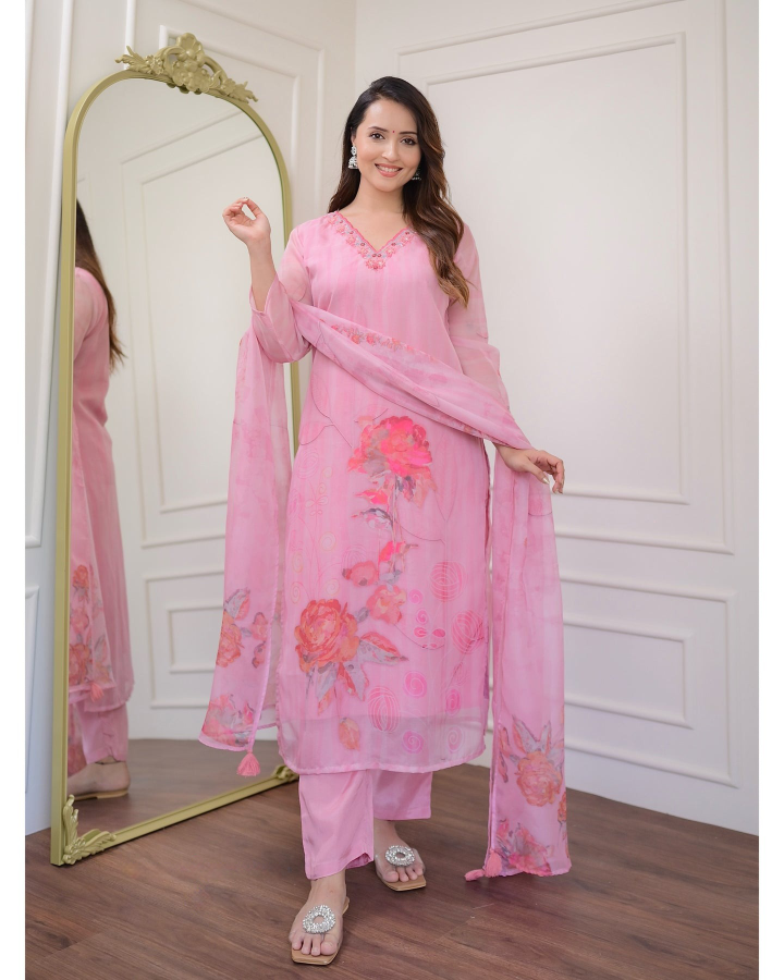 Light Pink Women Embroidered Premium Organza kurta set