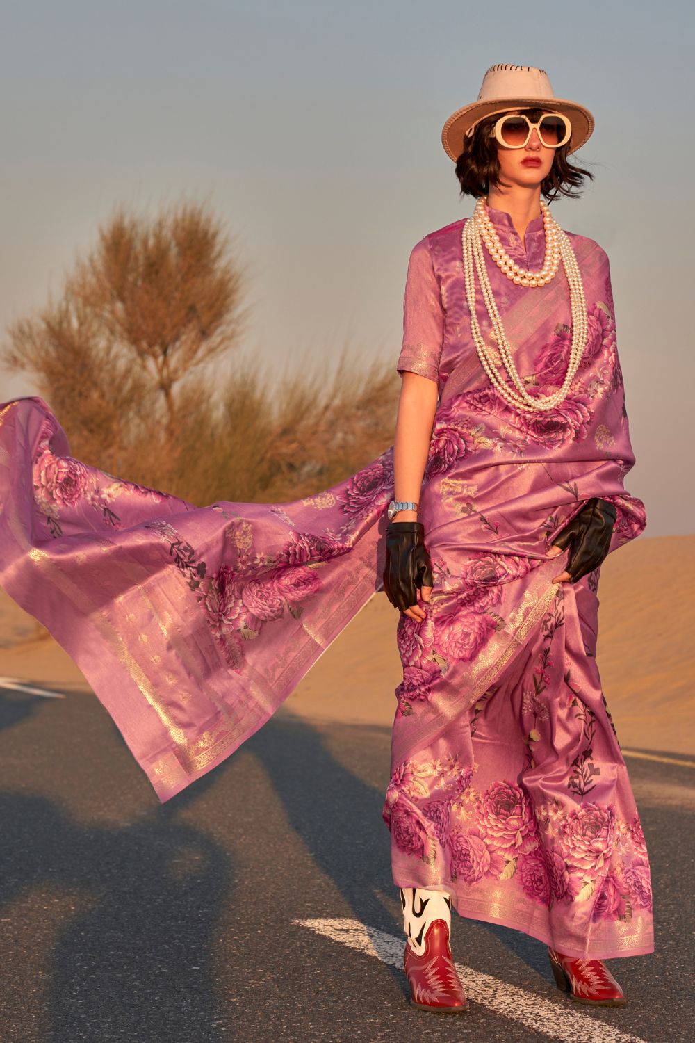 Dark Pink Printed Tussar Saree