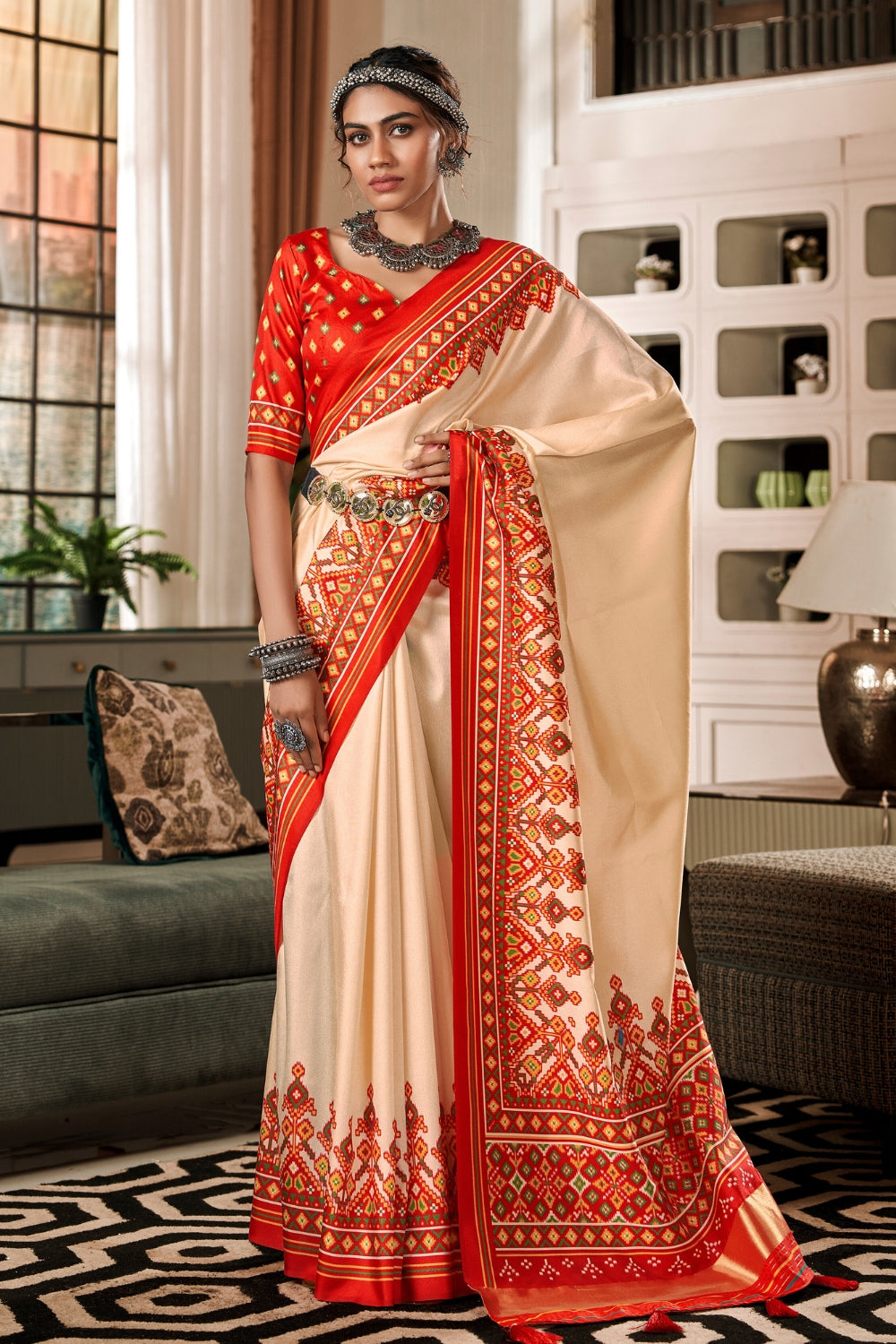 Beige Pure Tusser Patola Saree