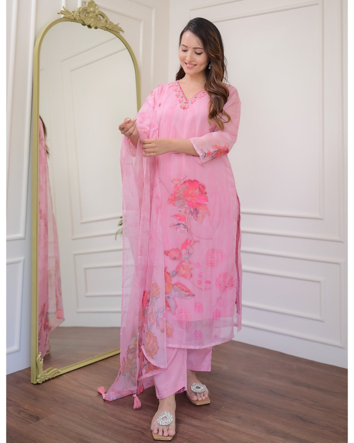 Light Pink Women Embroidered Premium Organza kurta set