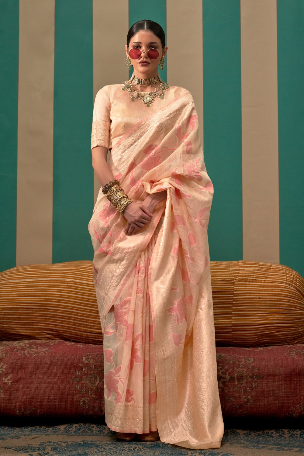 Peach Pink Linen Saree