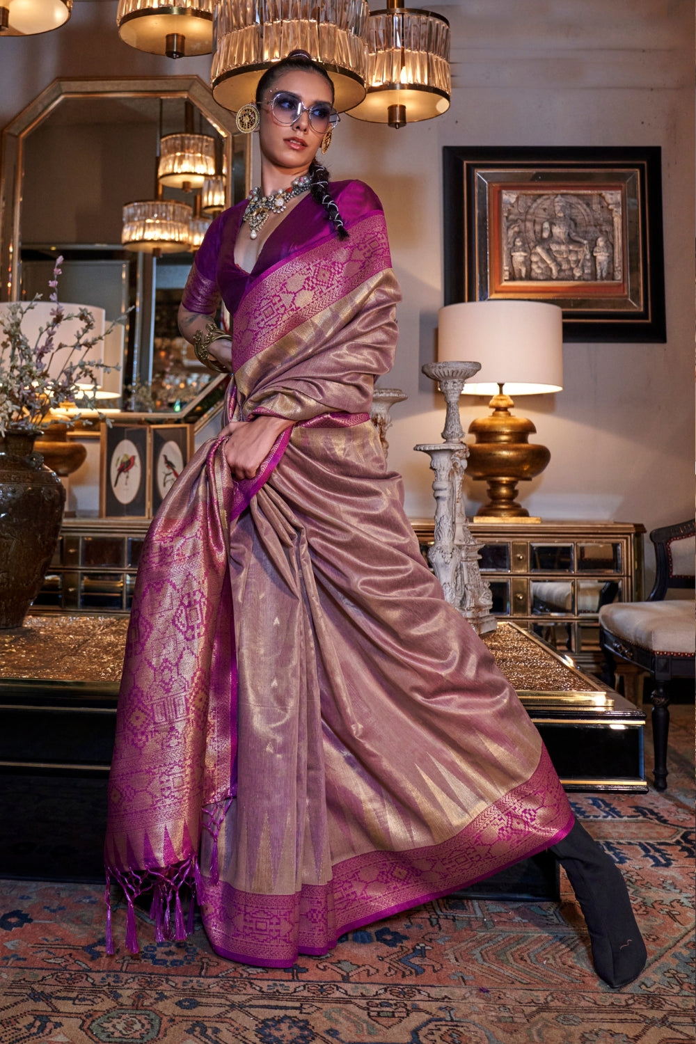 Pink Zari Tissue Saree