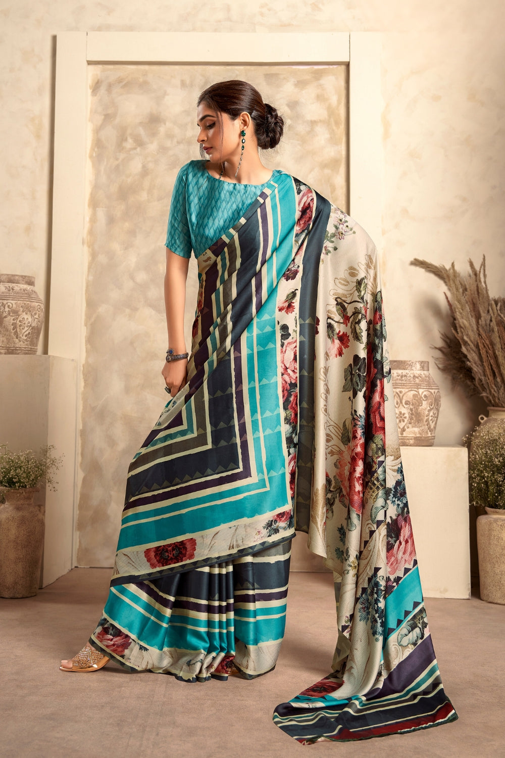 Multicolor Satin Crepe Saree