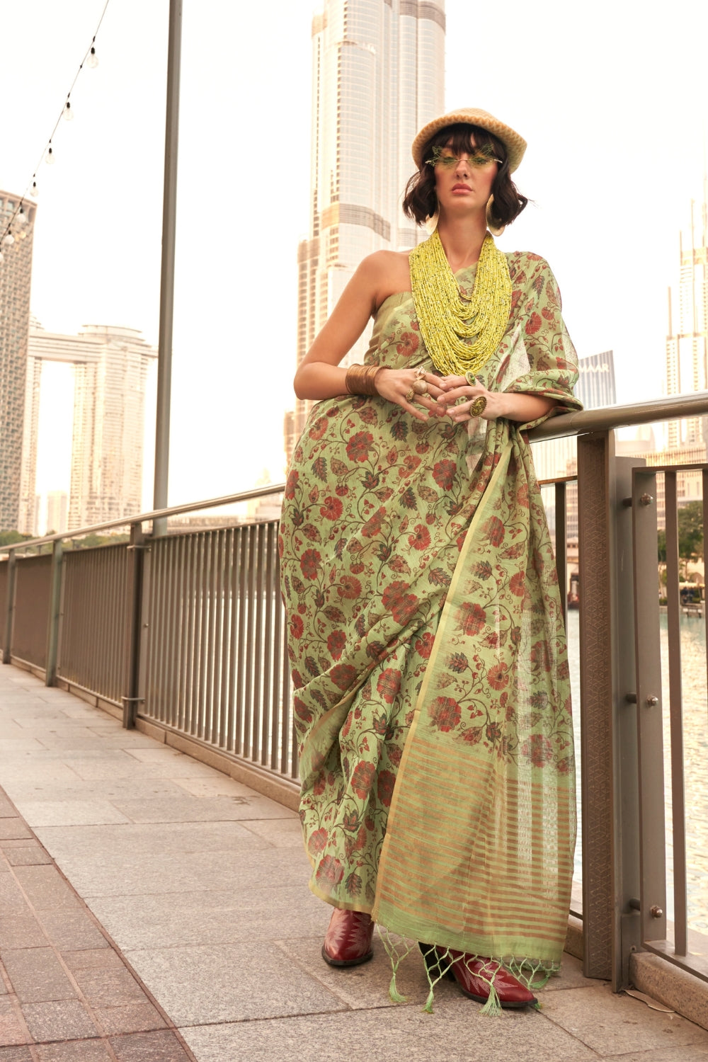 Light Green Printed Tissue Saree