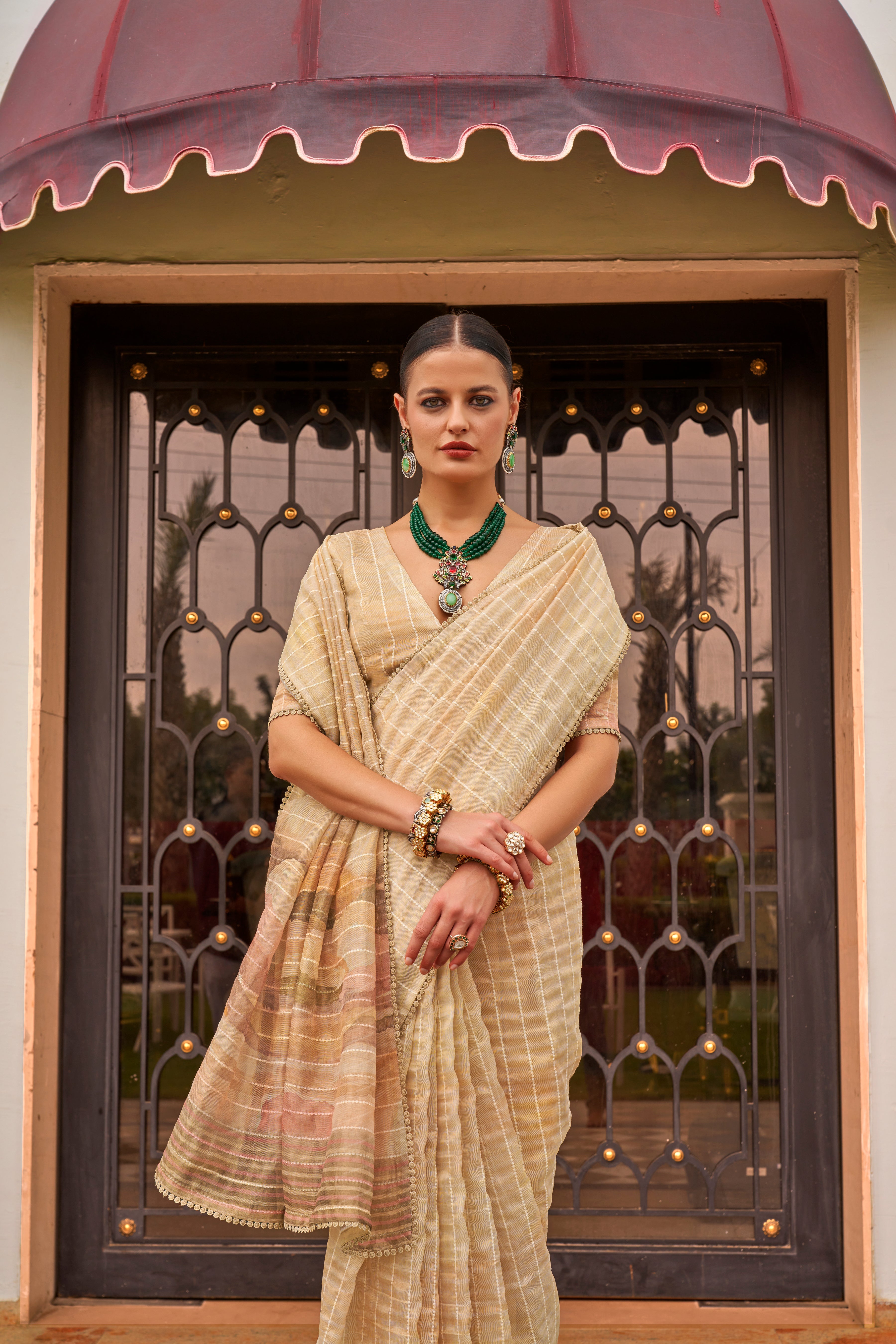 Beige Pure Tissue Silk Saree