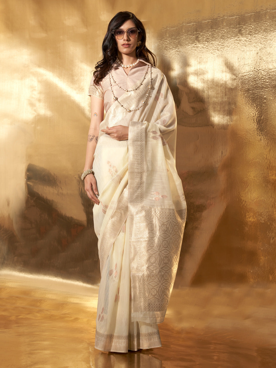 Cream Party Wear Linen Saree