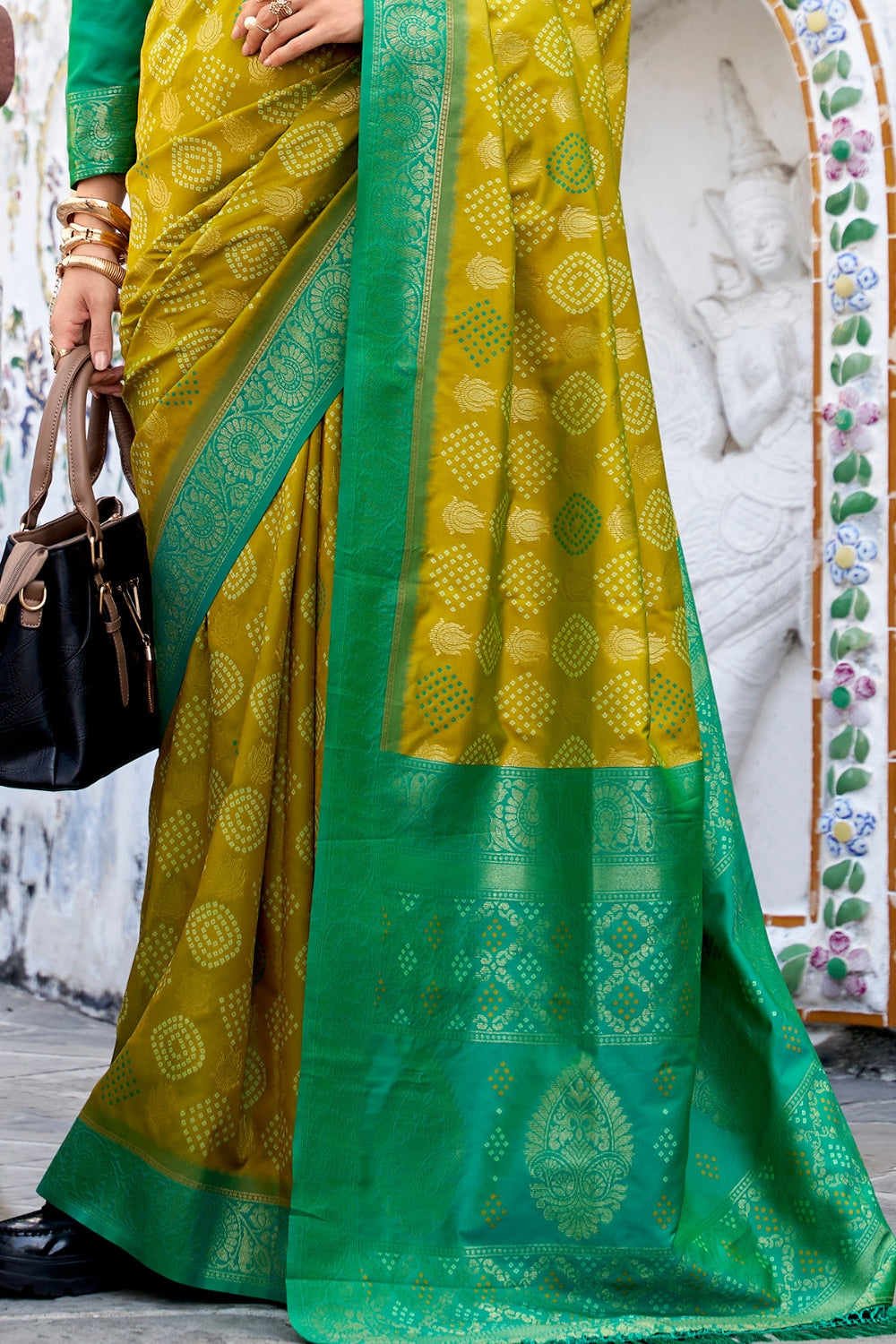 Olive Soft Banarasi Bandhani Silk Saree