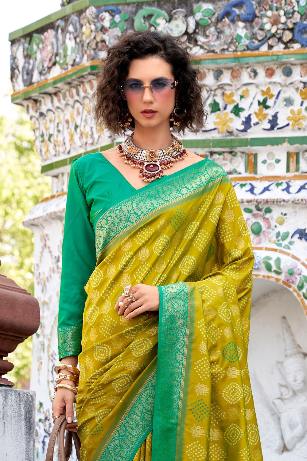 Olive Soft Banarasi Bandhani Silk Saree